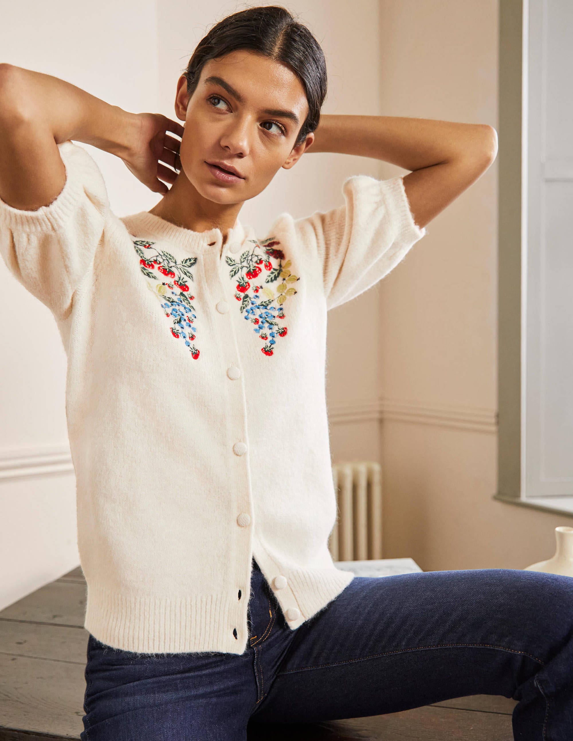 Embroidered Fluffy Cardigan-Ivory, Embroidery - Image 4
