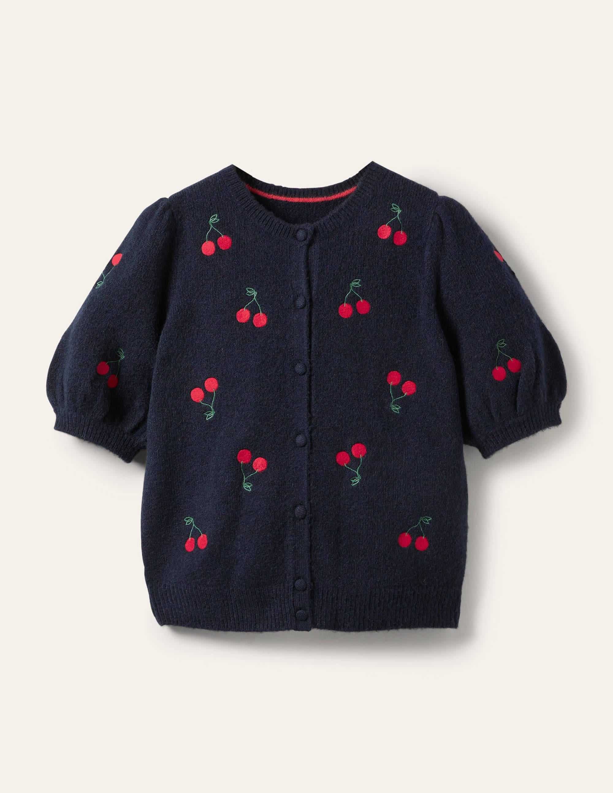 Embroidered Fluffy Cardigan-Navy, Cherry - Image 6