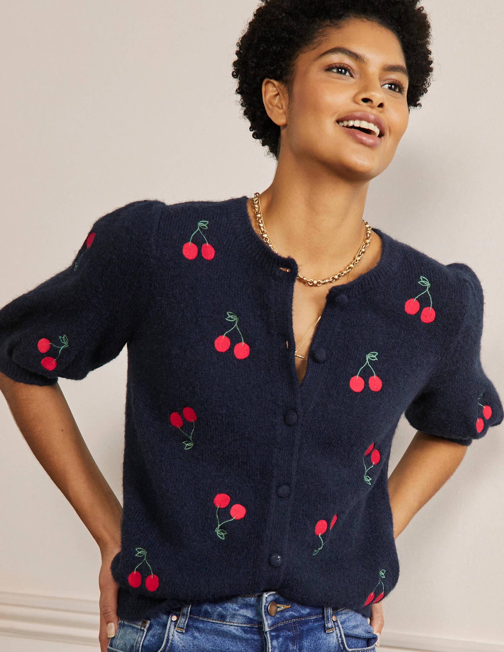 Embroidered Fluffy Cardigan-Navy, Cherry-1