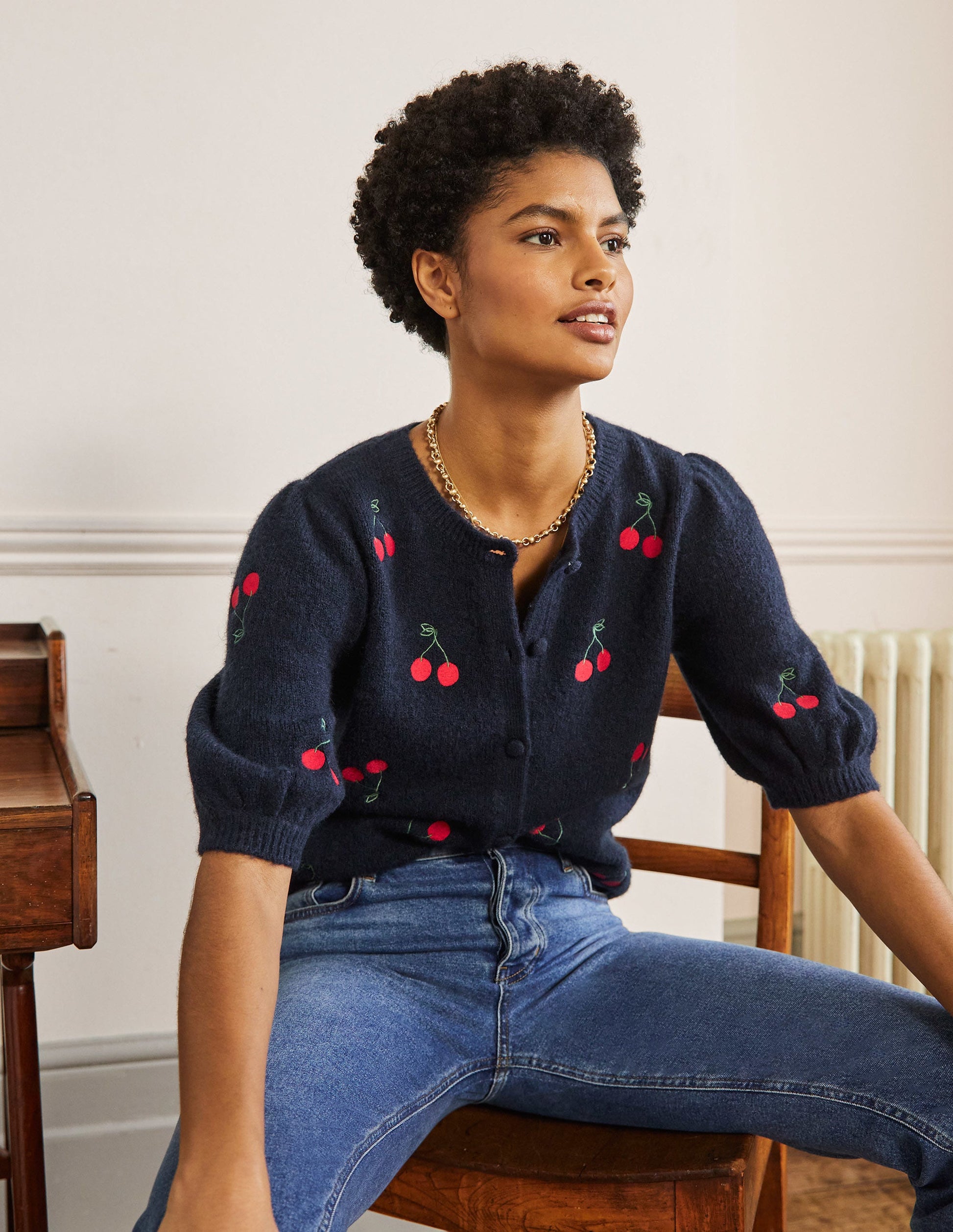 Embroidered Fluffy Cardigan-Navy, Cherry-4