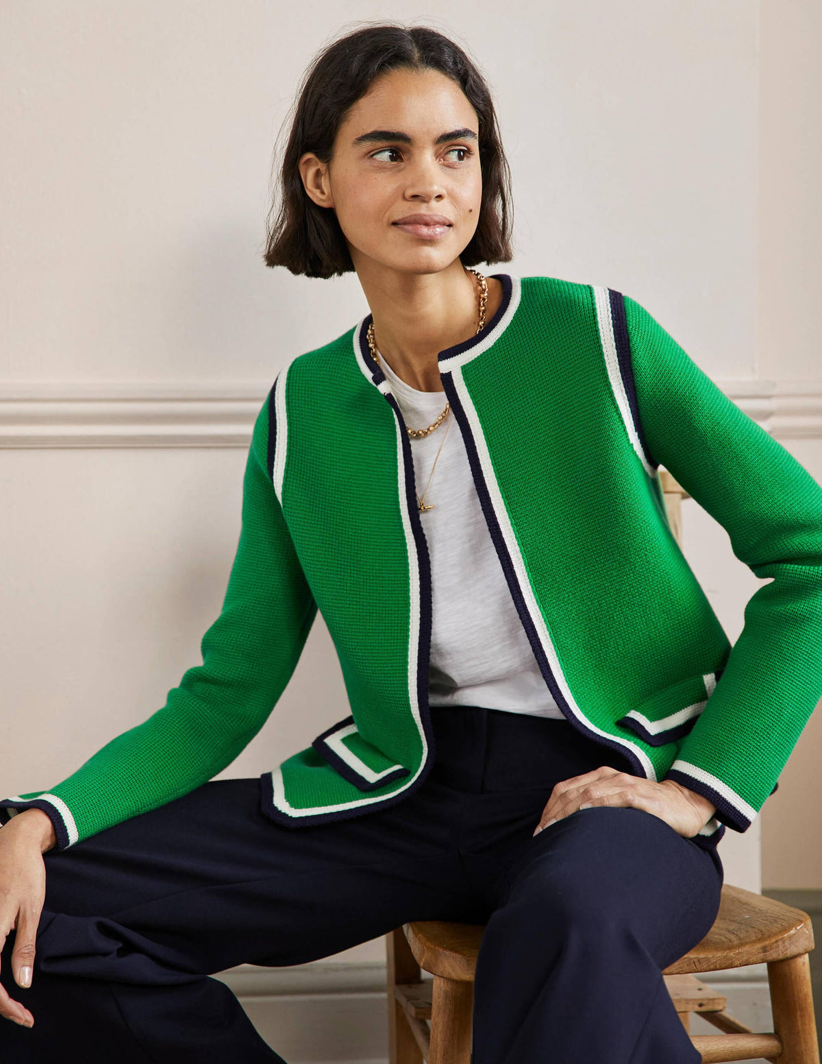 Stripe Trim Knitted Jacket-Highland Green - Image 1