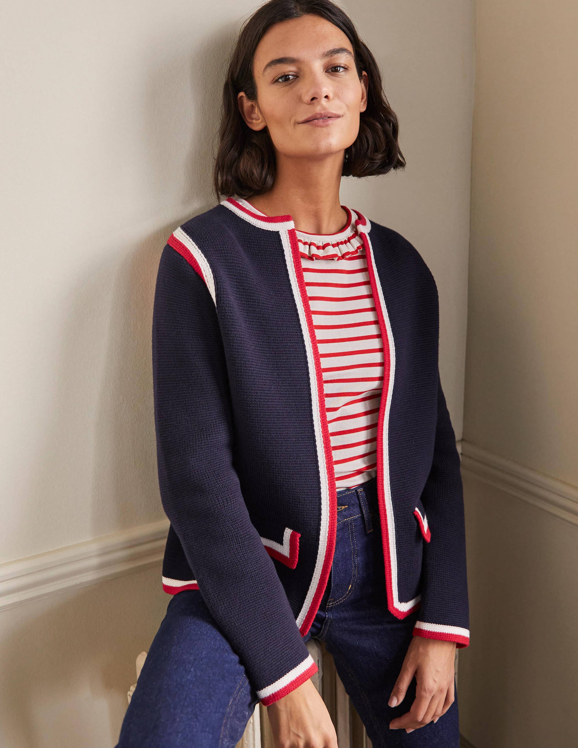 Stripe Trim Knitted Jacket-Navy - Image 1