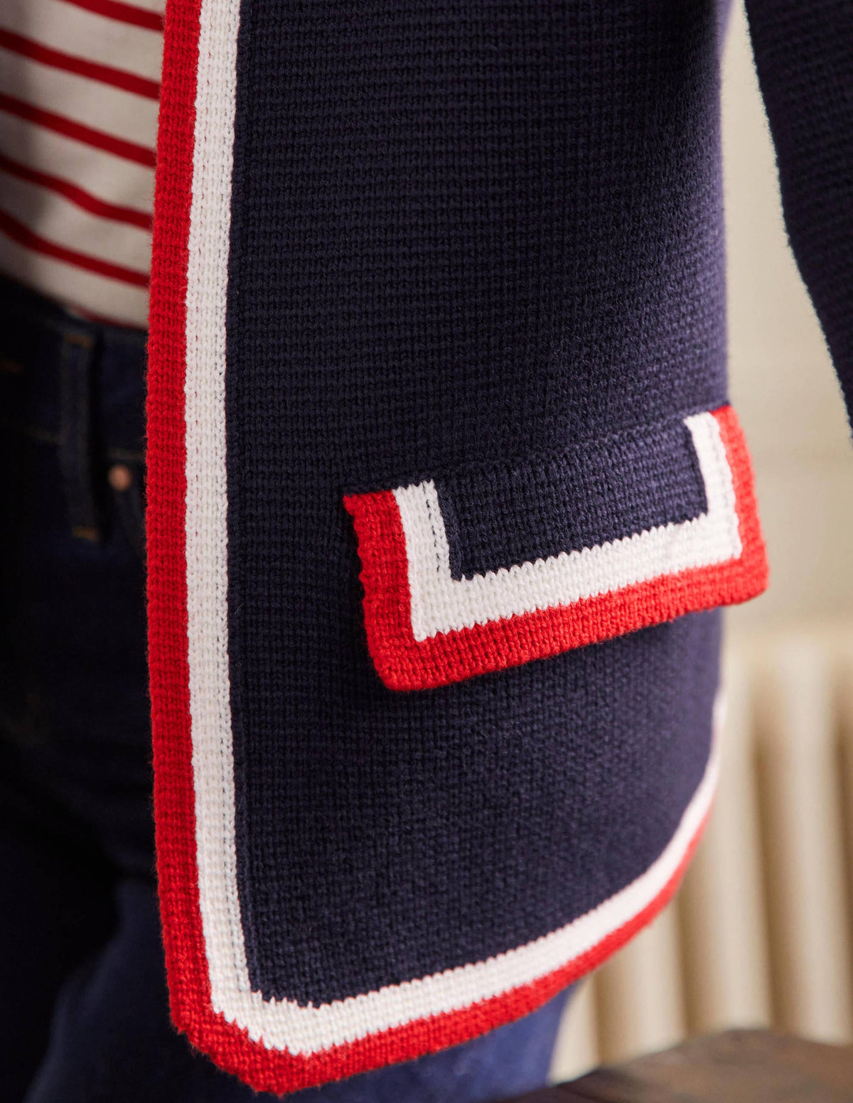 Stripe Trim Knitted Jacket-Navy - Image 2