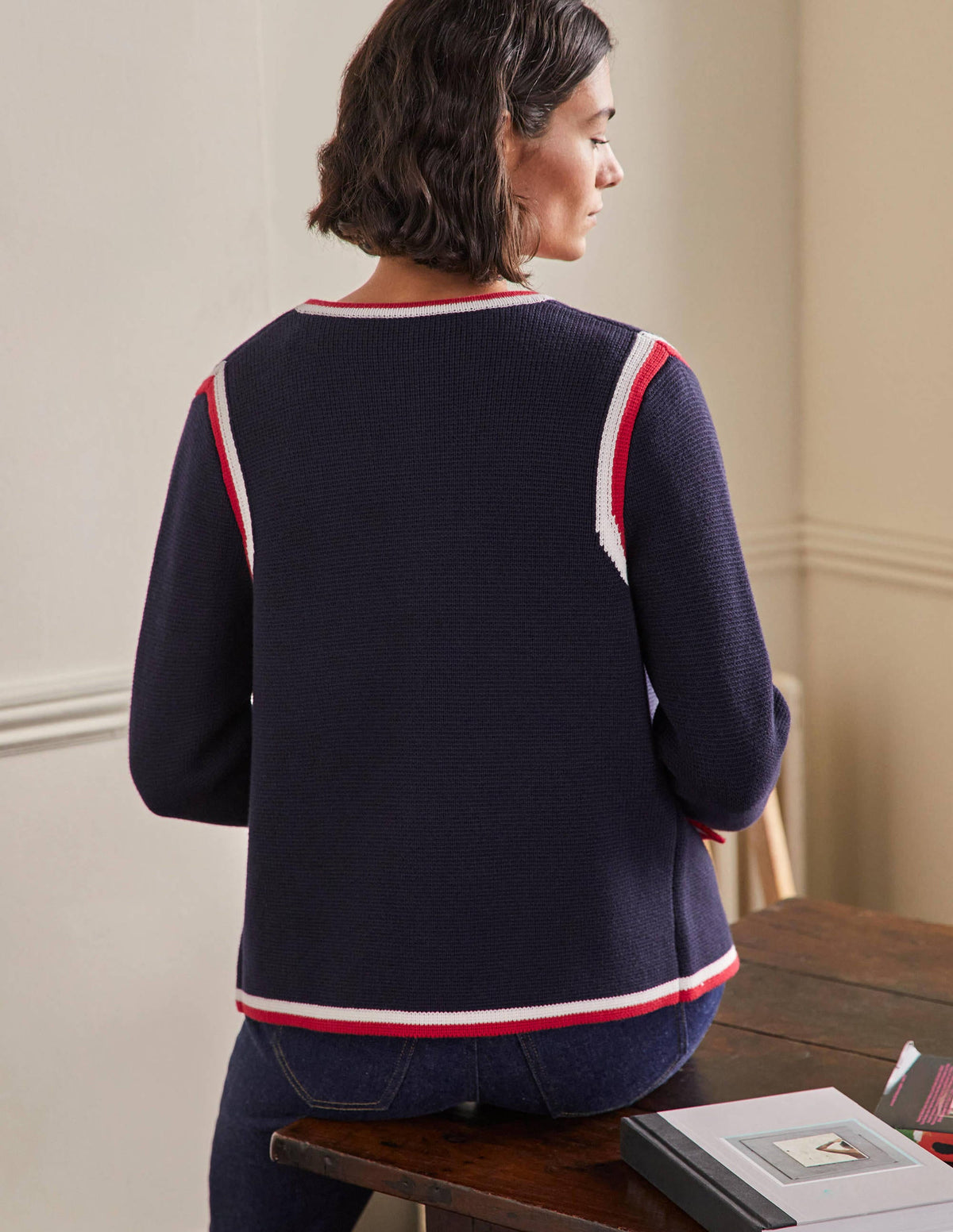 Stripe Trim Knitted Jacket-Navy-3