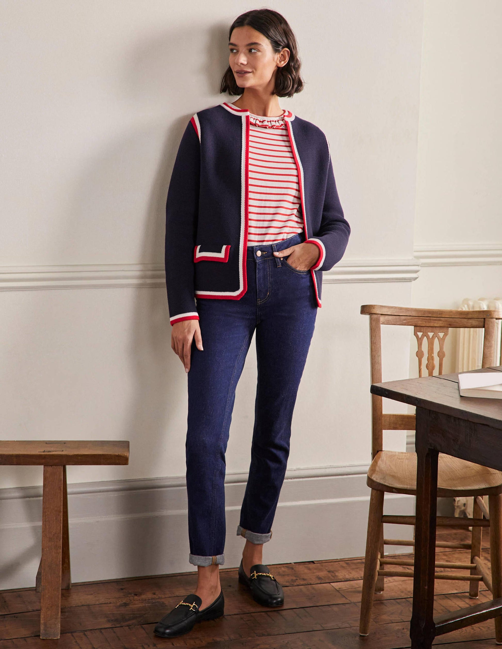 Stripe Trim Knitted Jacket-Navy-4
