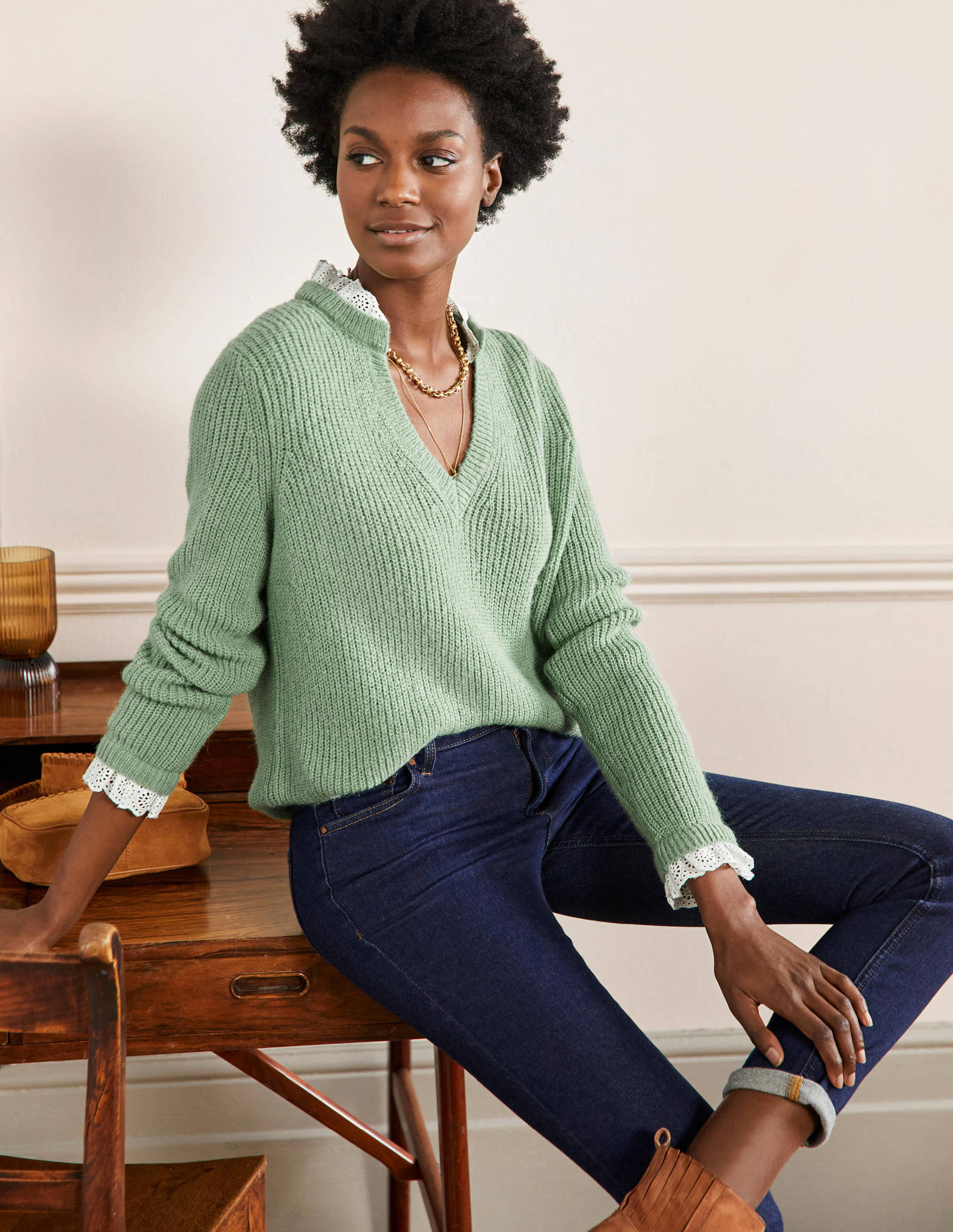 Fluffy Ribbed Mix Jumper-Basil - Image 1
