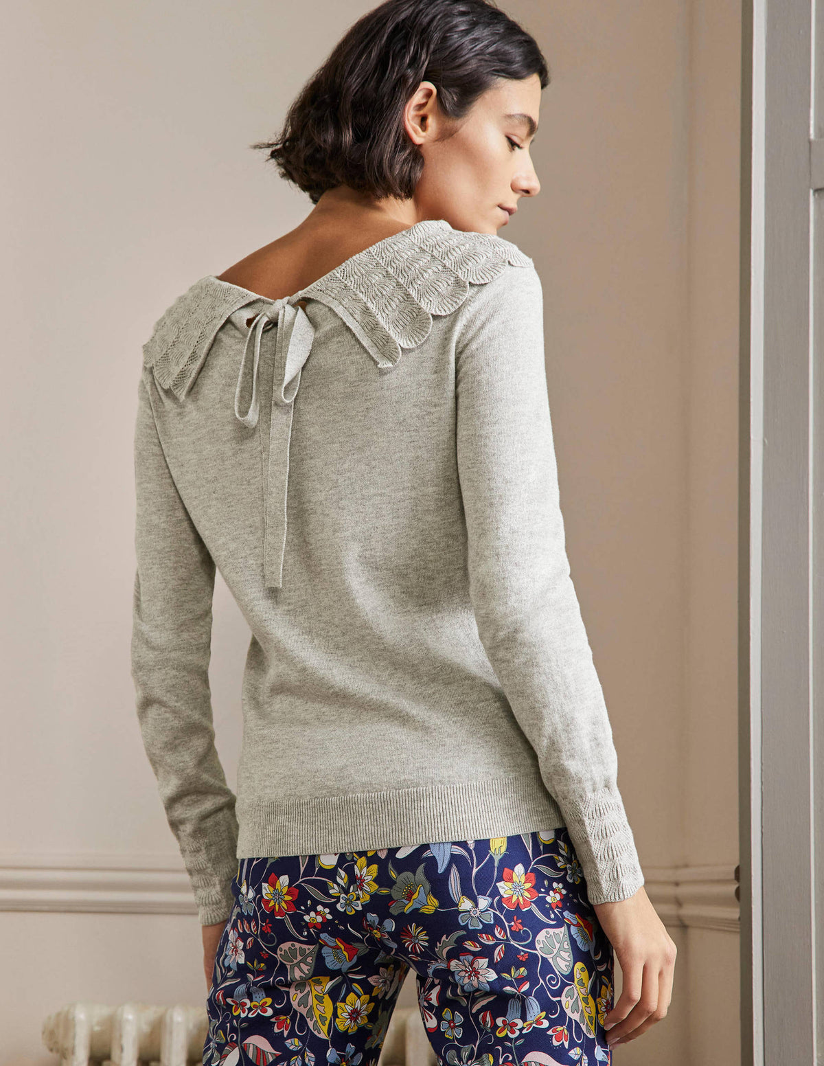 Tie Back Collar Jumper-Grey Melange-3