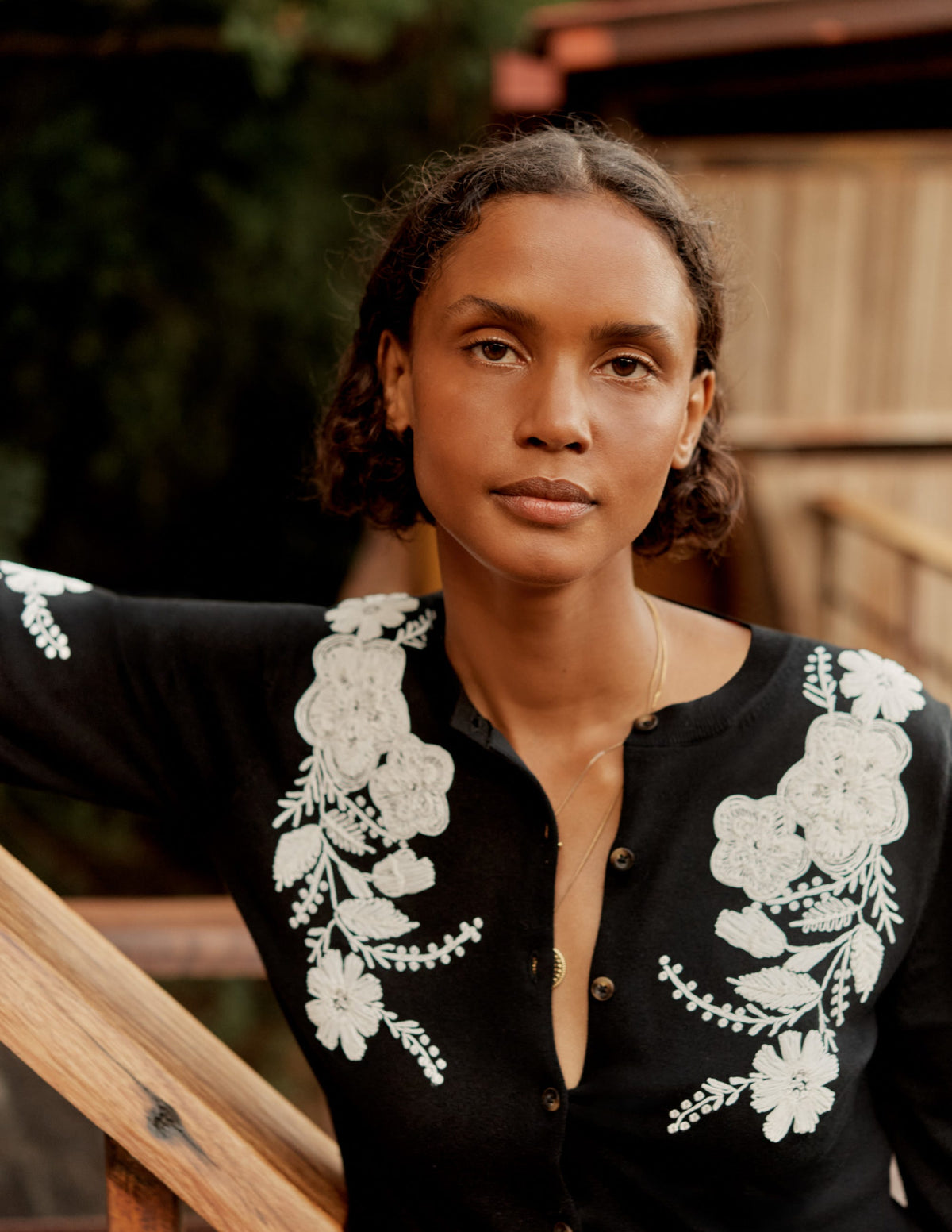 Embroidered Blouson Cardigan-Black-7