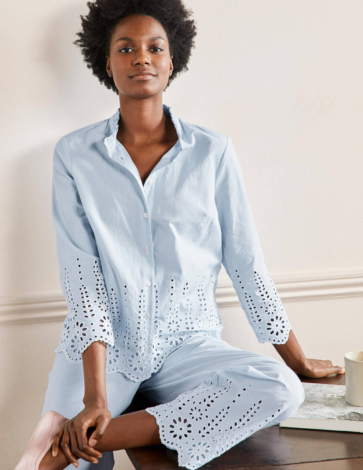 Broderie Pyjama Set-Blue Ticking Stripe-1