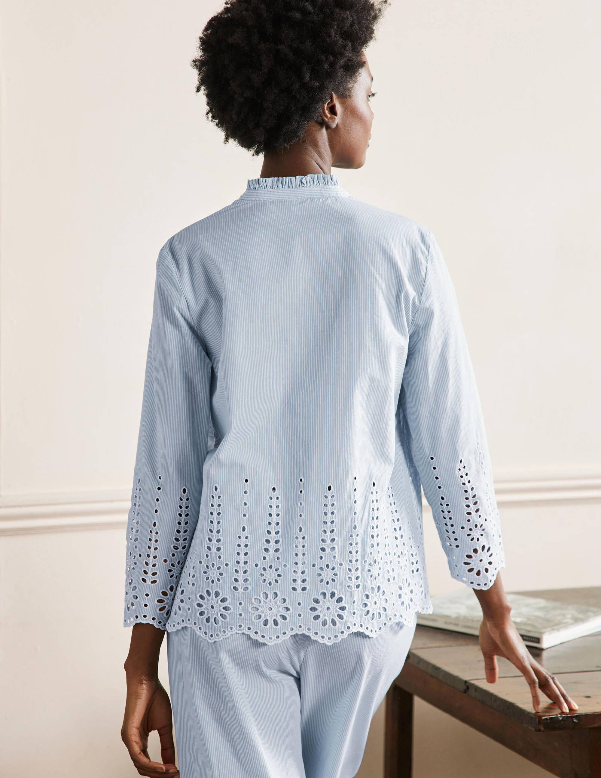 Broderie Pyjama Set-Blue Ticking Stripe - Image 3