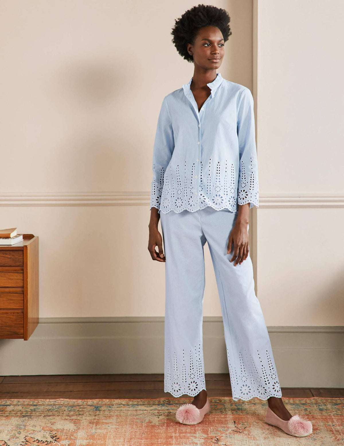 Broderie Pyjama Set-Blue Ticking Stripe-5