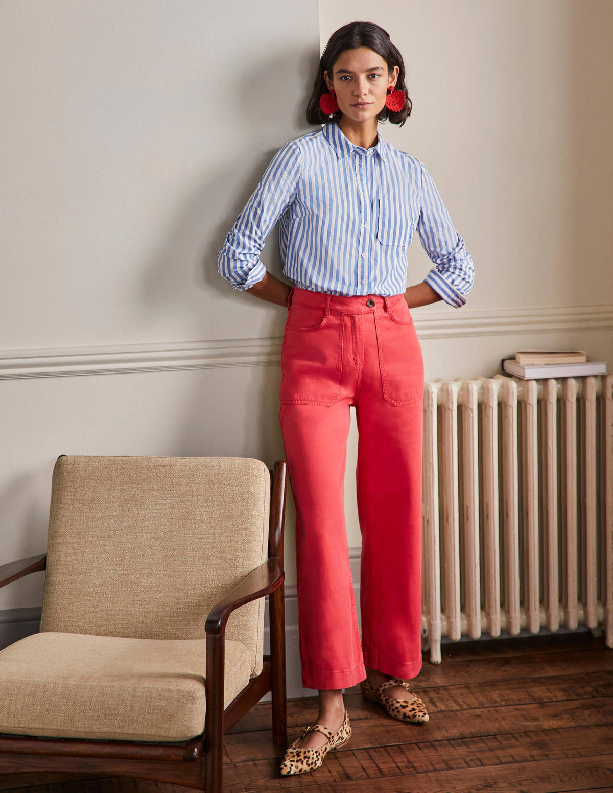 Wide Leg Cotton Twill Trousers-Red - Image 1