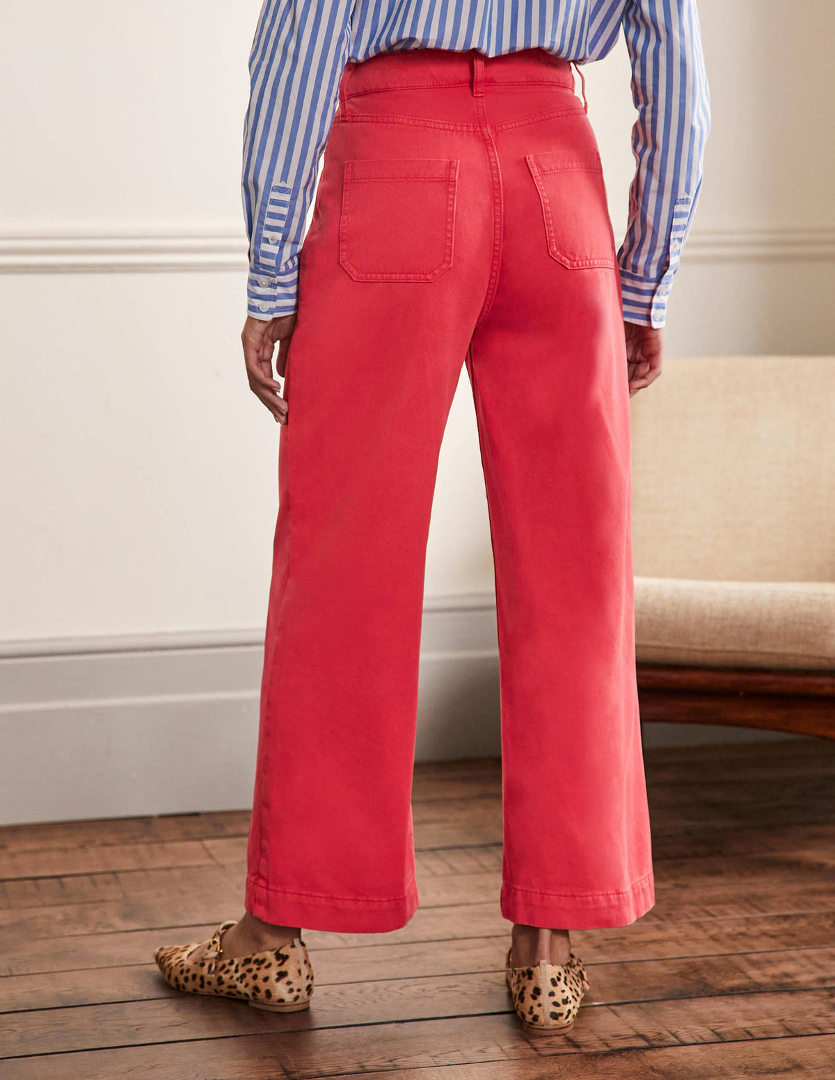 Wide Leg Cotton Twill Trousers-Red - Image 3