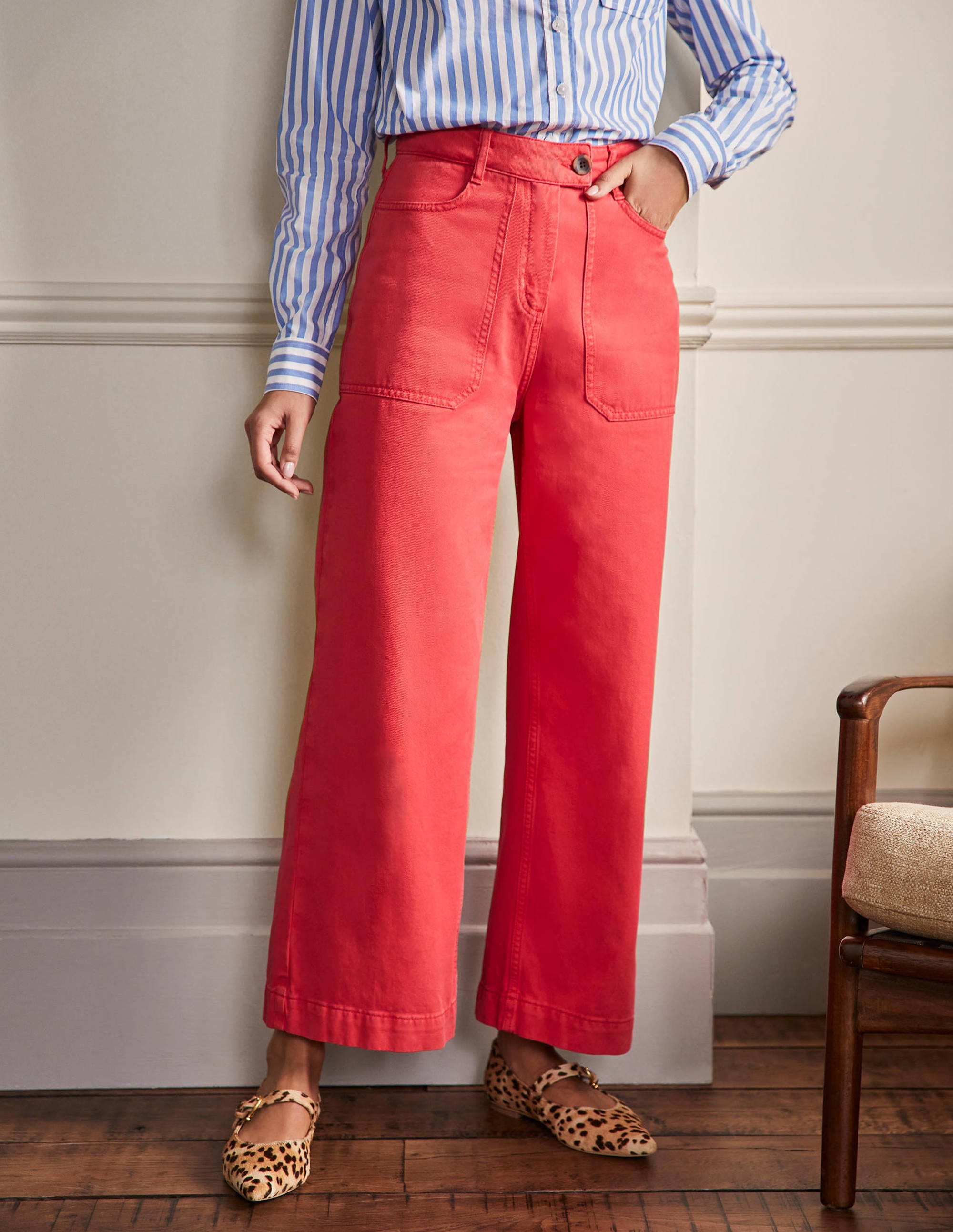 Wide Leg Cotton Twill Trousers-Red - Image 4