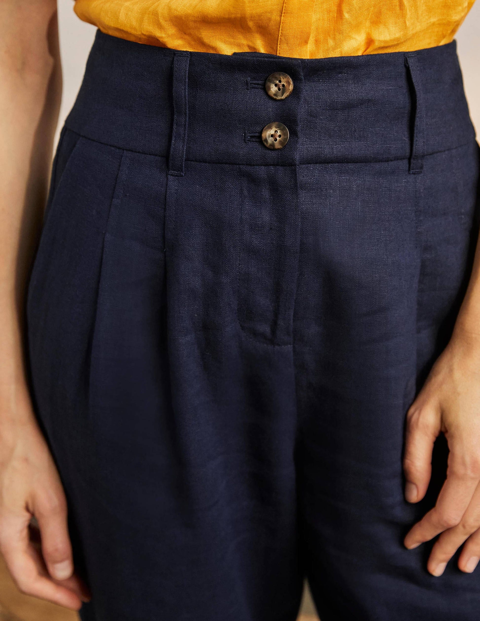Turn Up Linen Trousers-Navy-2