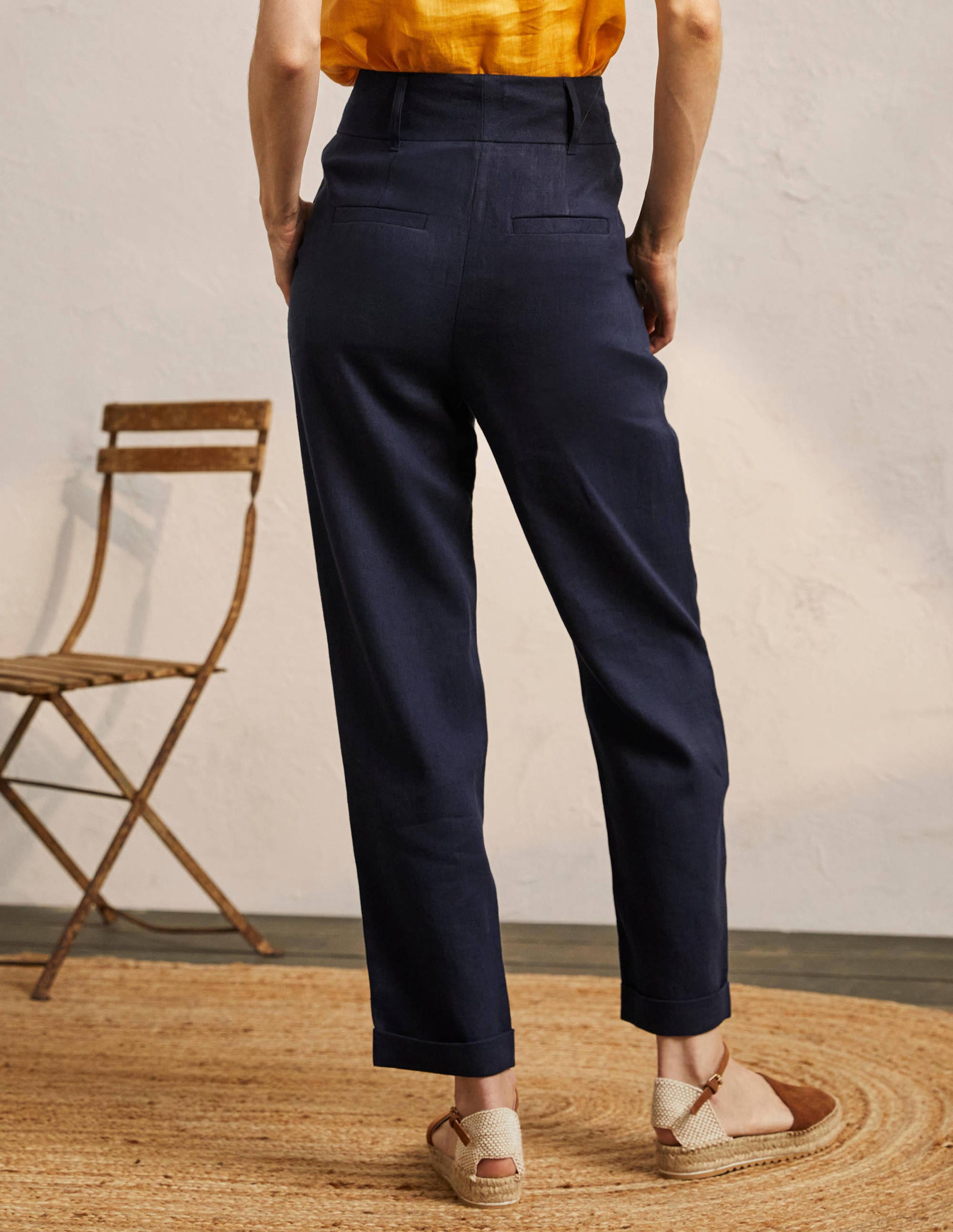 Turn Up Linen Trousers-Navy - Image 3