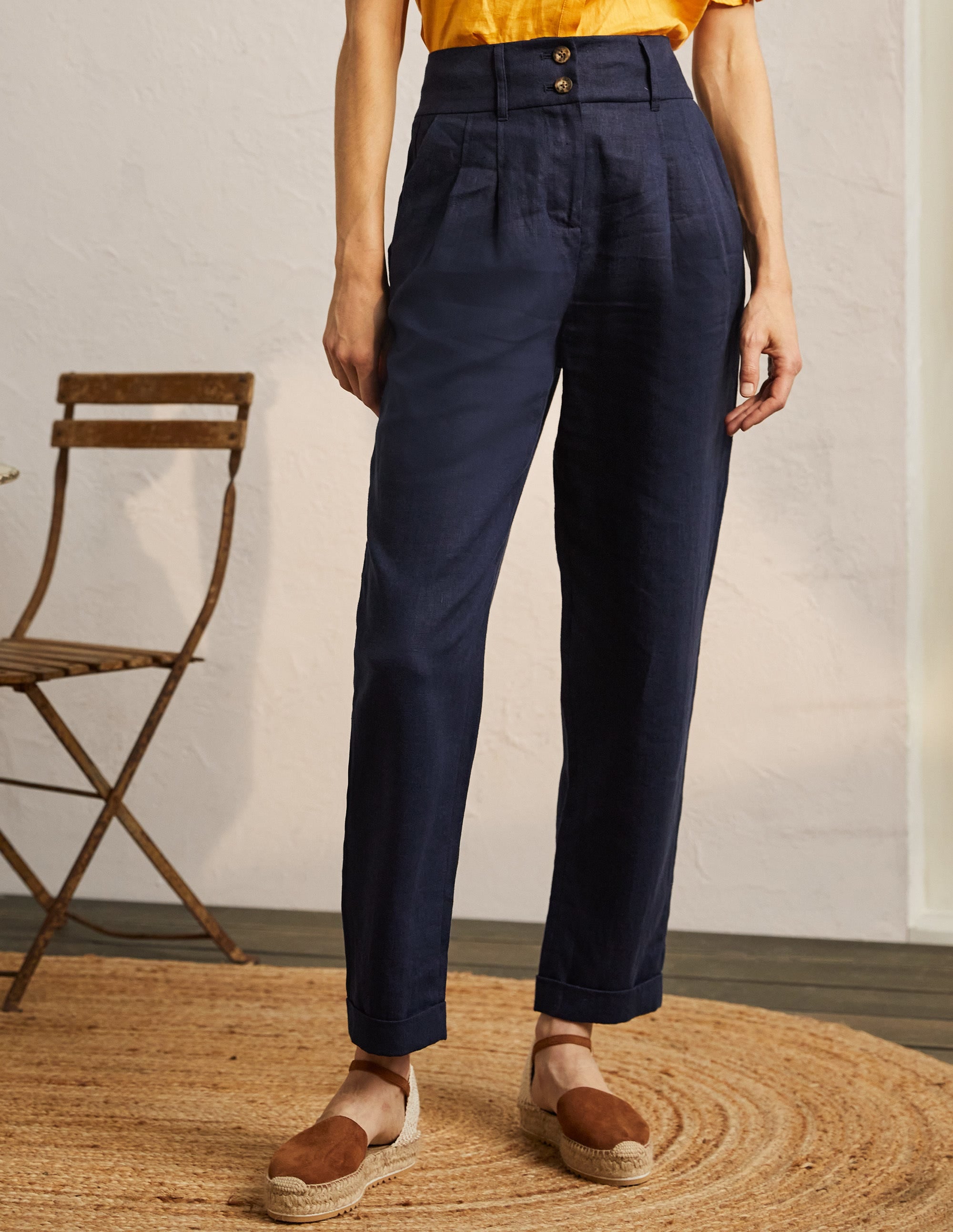 Turn Up Linen Trousers-Navy - Image 4
