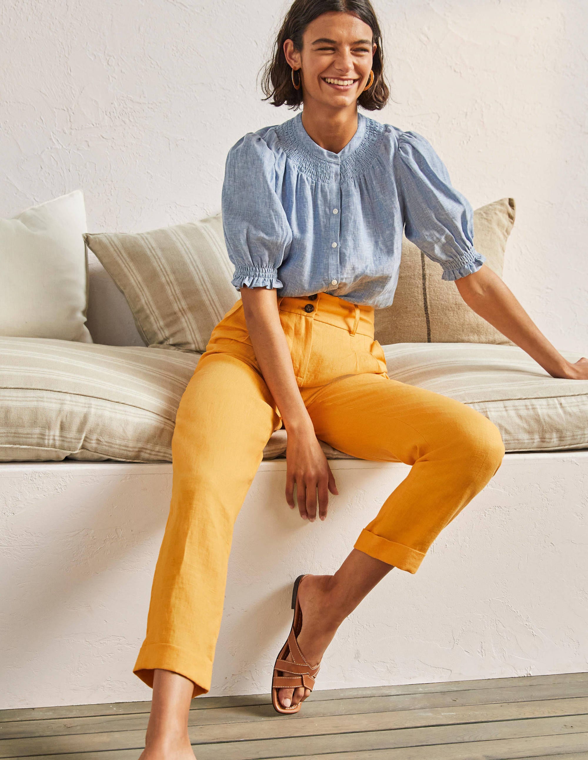 Turn Up Linen Trousers-Zinnia Yellow - Image 1