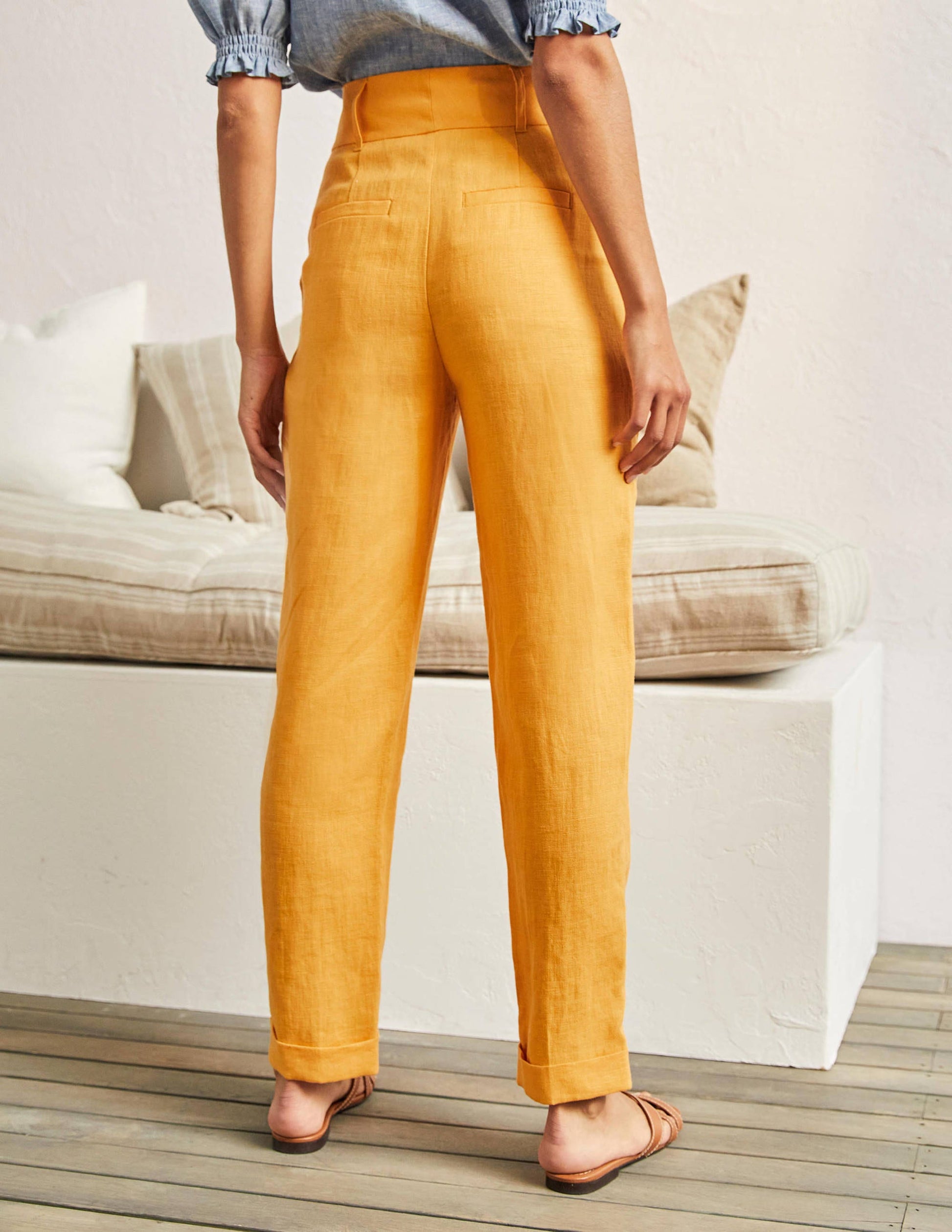 Turn Up Linen Trousers-Zinnia Yellow-3