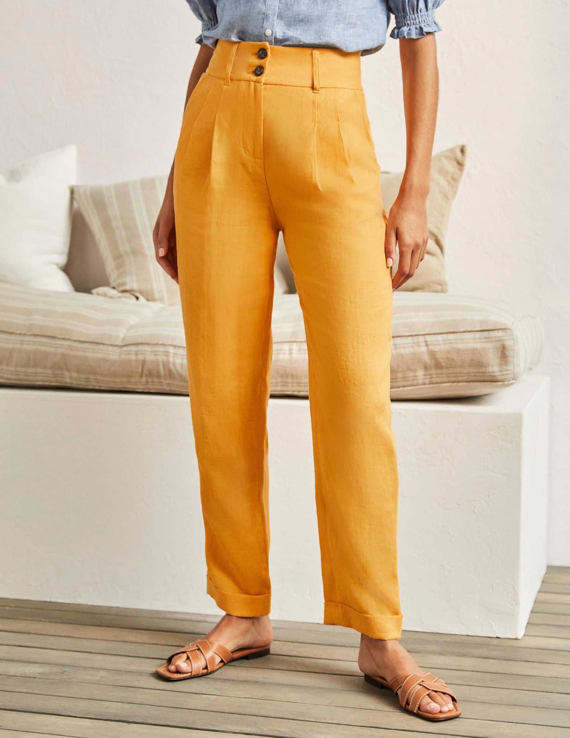 Turn Up Linen Trousers-Zinnia Yellow-4