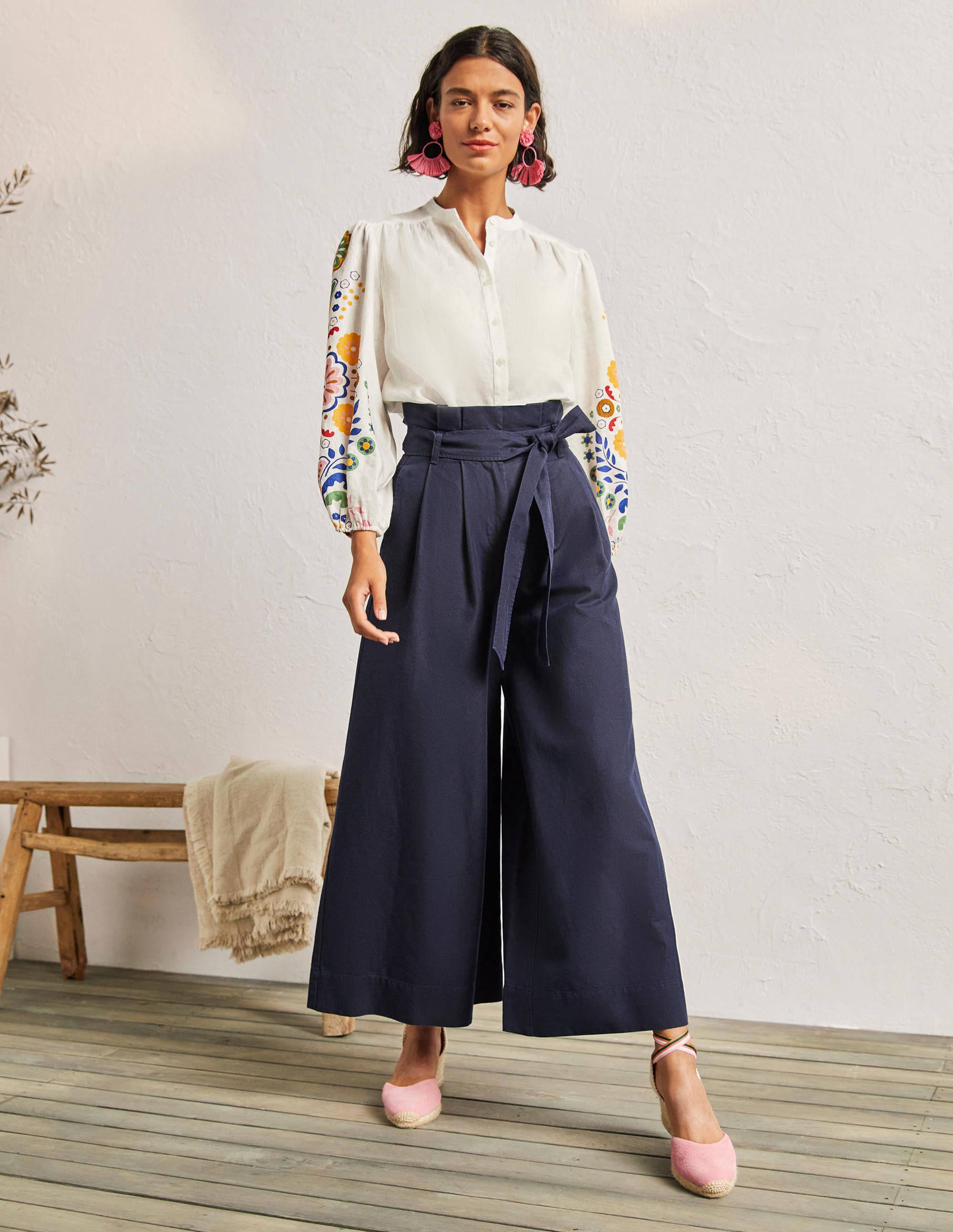 Linen Blend Wide Leg Culottes-Navy - Image 1
