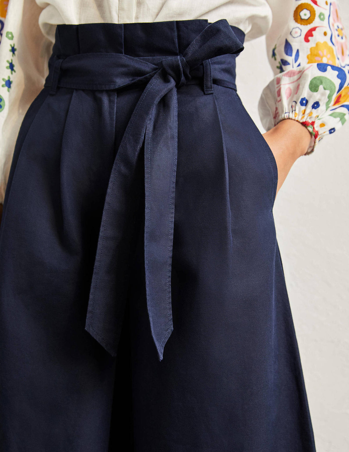 Linen Blend Wide Leg Culottes-Navy - Image 2