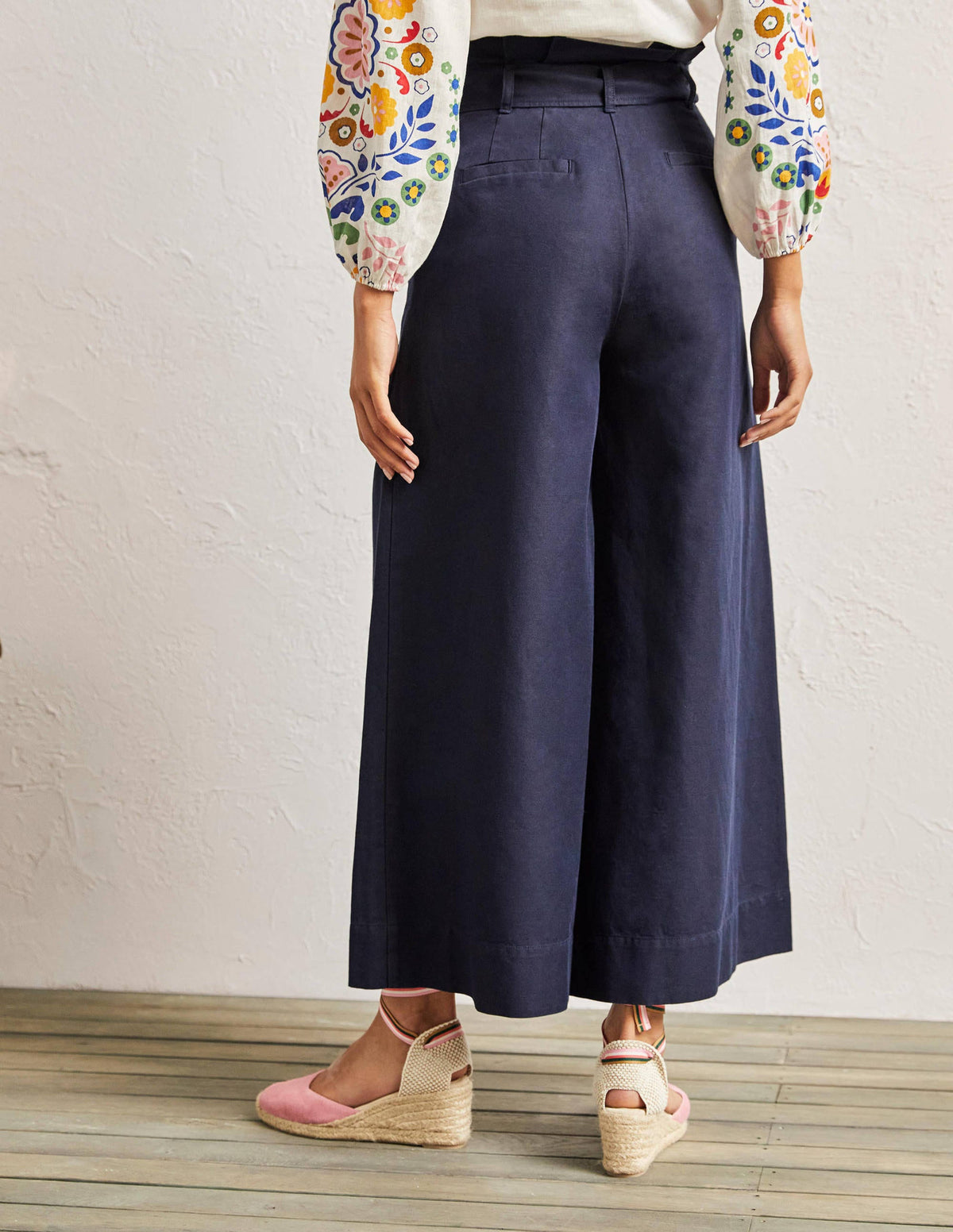 Linen Blend Wide Leg Culottes-Navy-3
