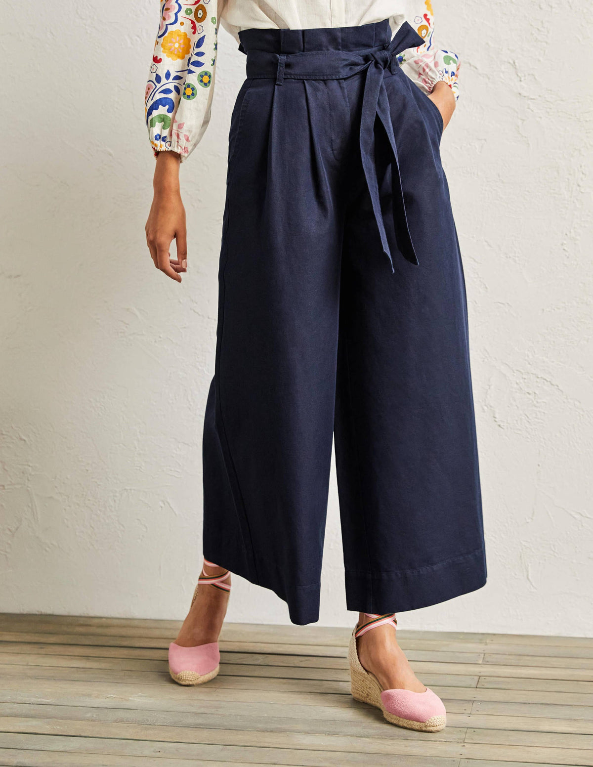 Linen Blend Wide Leg Culottes-Navy-4