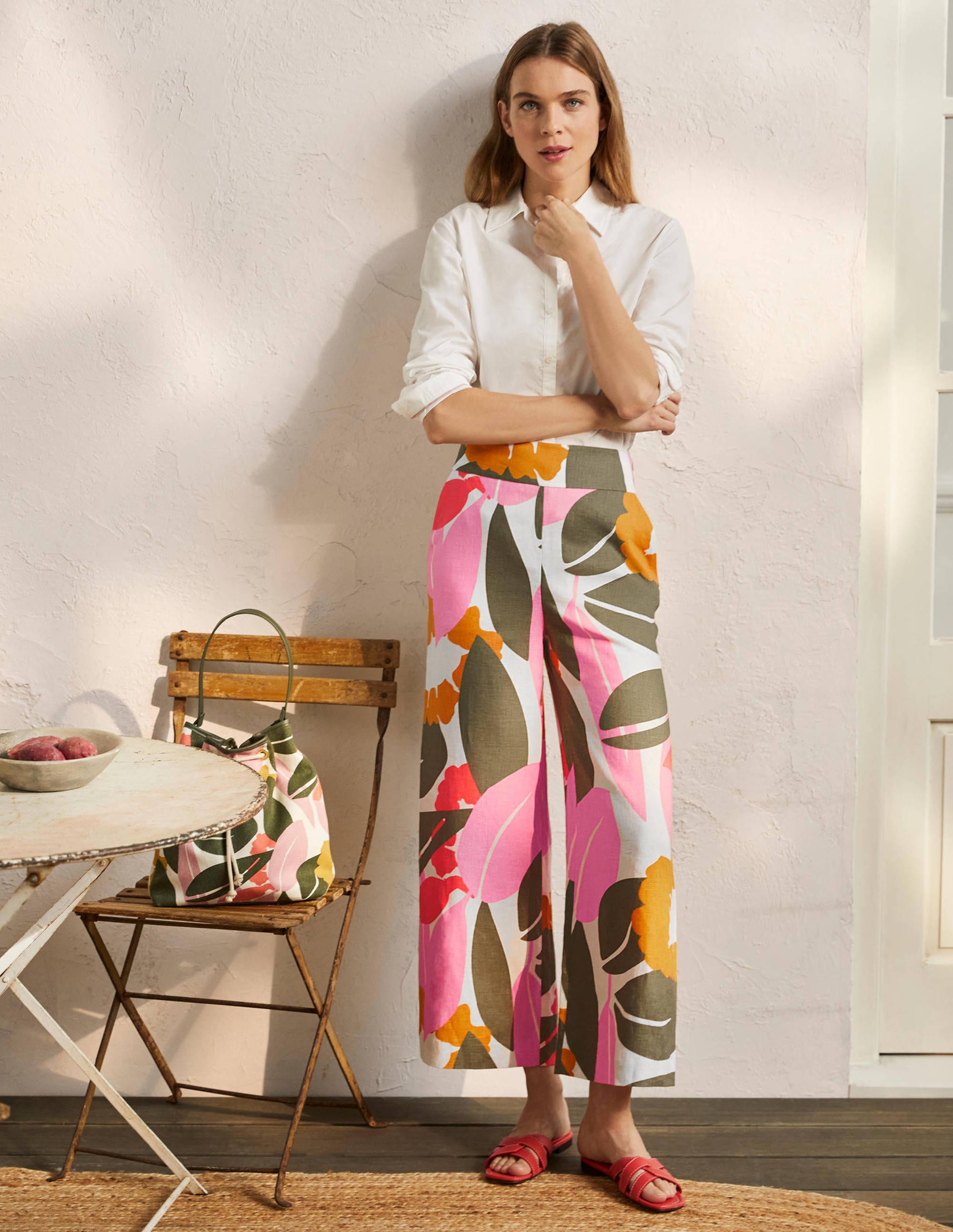Printed Linen Trousers-Ivory, Abstract Bloom - Image 1