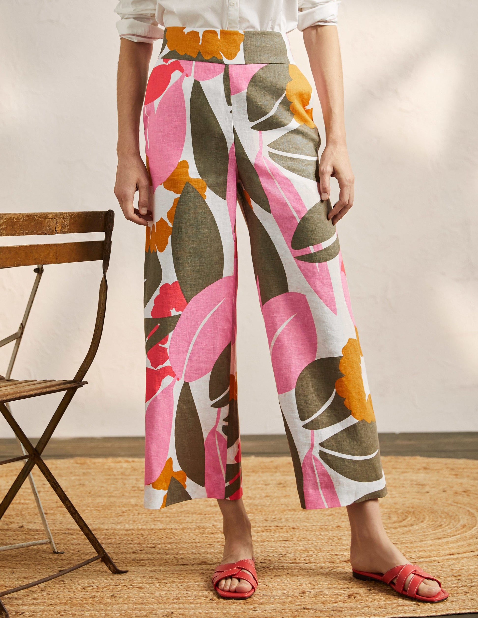 Printed Linen Trousers-Ivory, Abstract Bloom-4