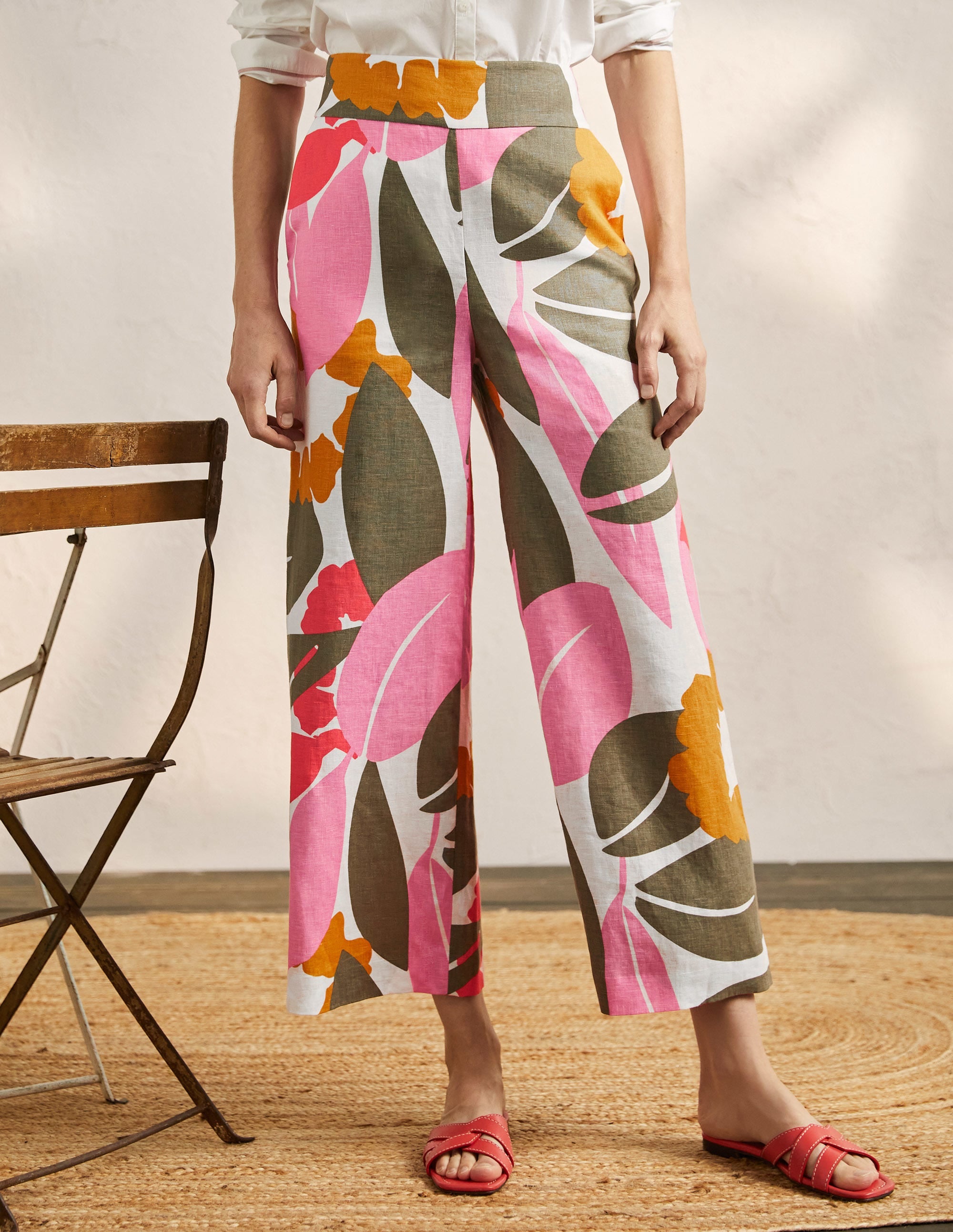 Printed Linen Trousers-Ivory, Abstract Bloom - Image 4