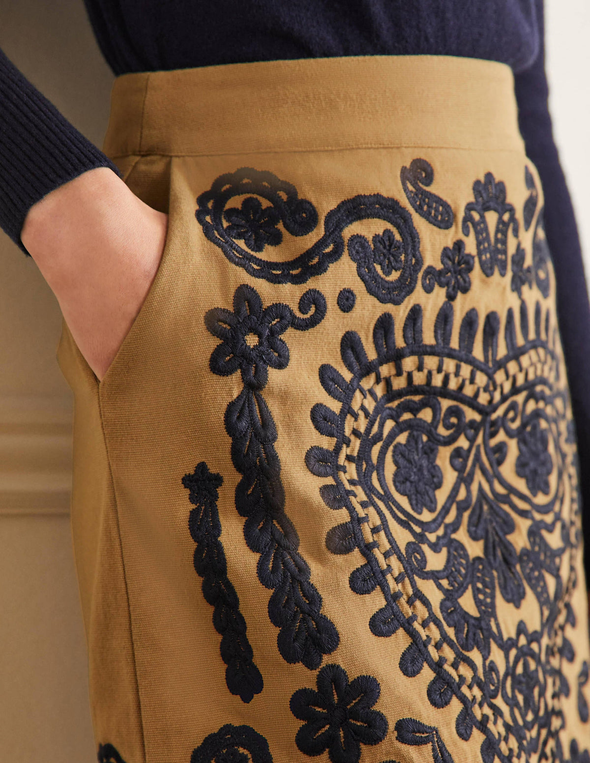 Embroidered Mini Skirt-Camel/Navy Embroidered - Image 2