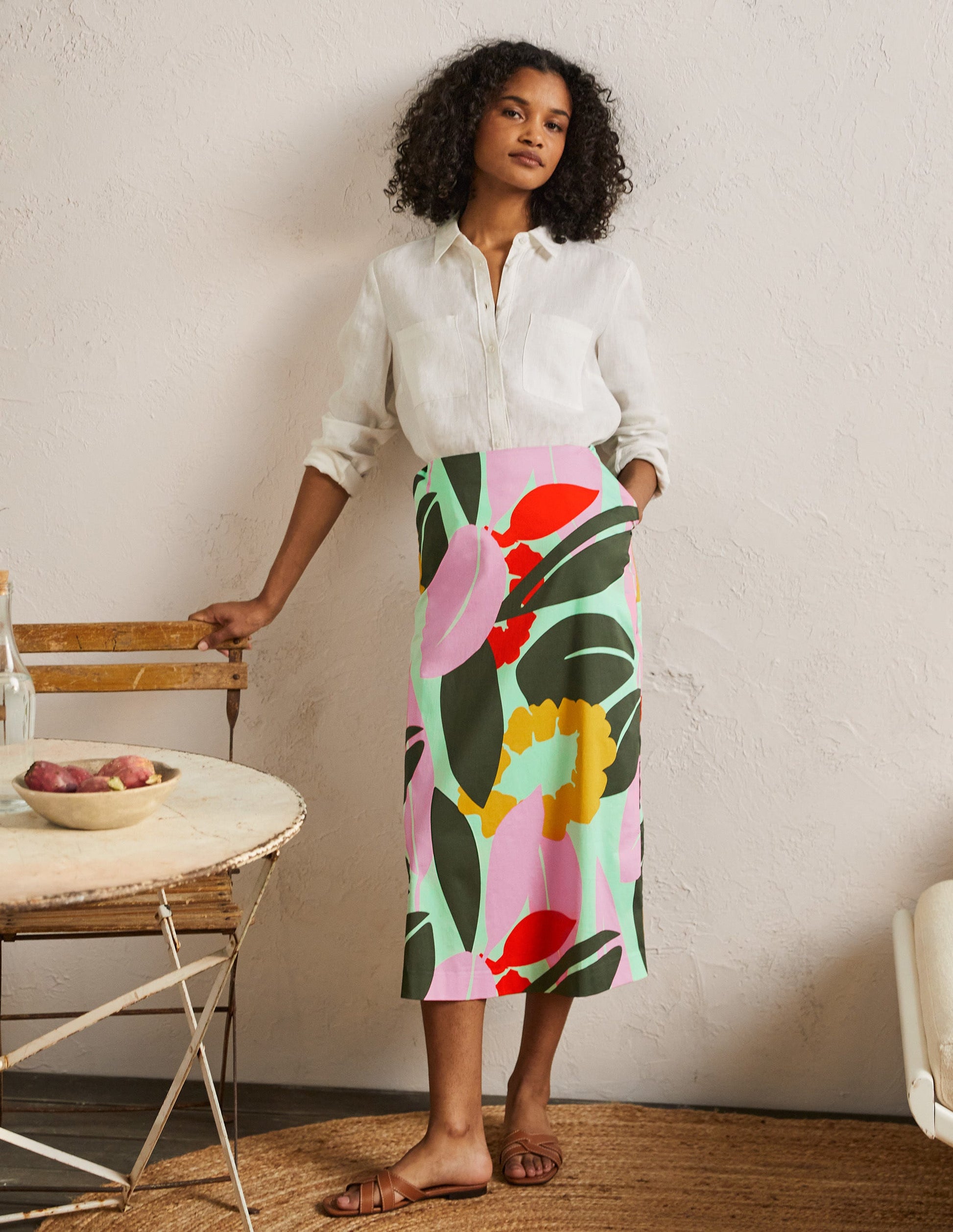 Printed A-line Midi Skirt-Mint Green, Abstract Bloom-1