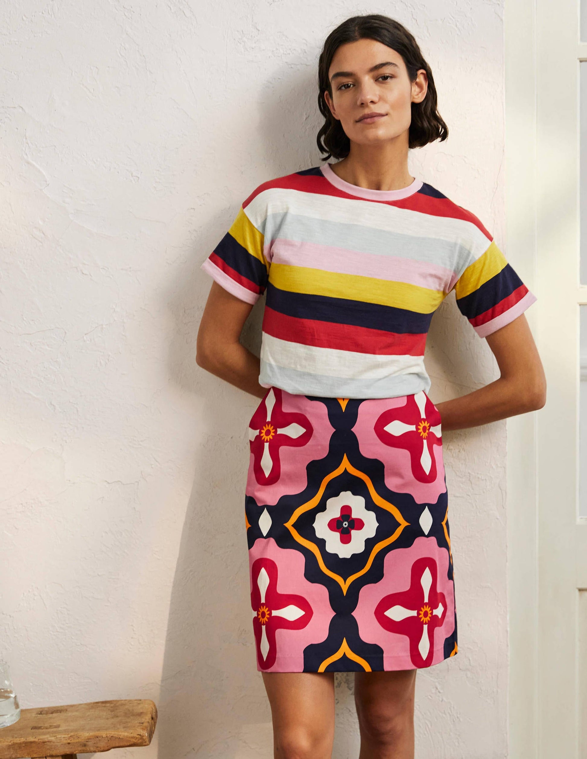 Printed A-line Mini Skirt-French Navy, Moroccan Diamond-1