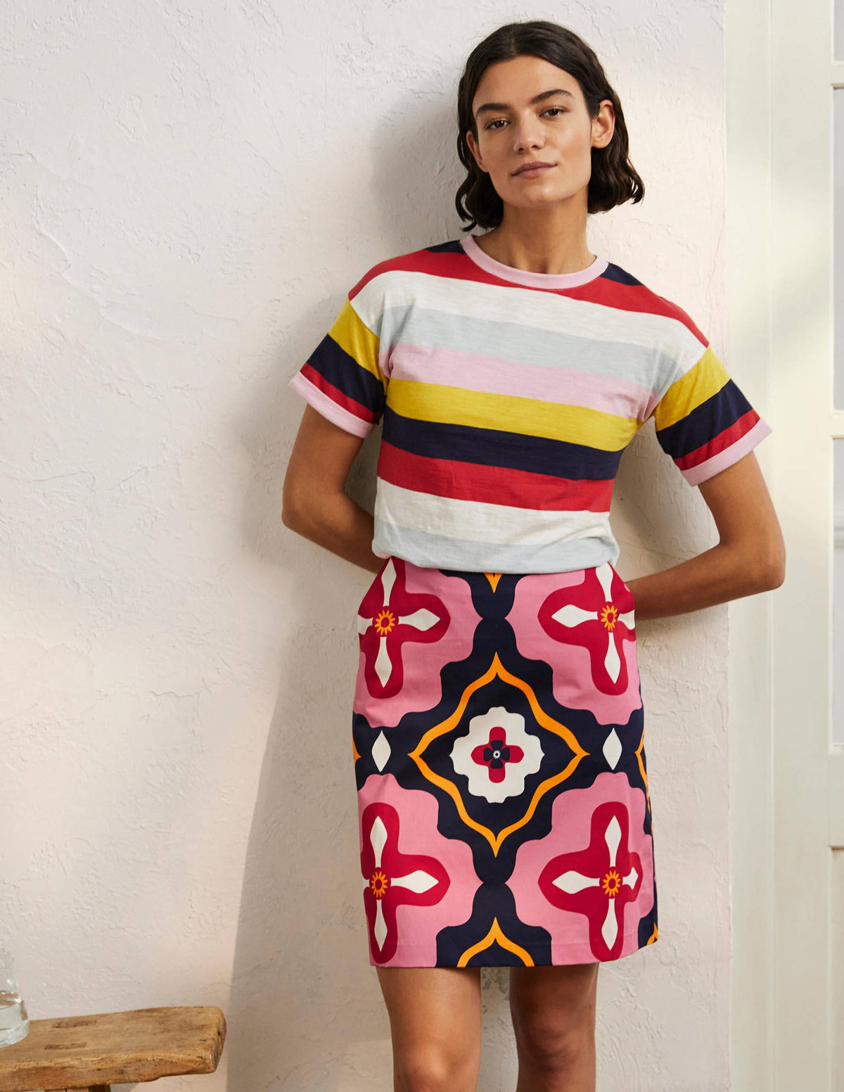 Printed A-line Mini Skirt-French Navy, Moroccan Diamond - Image 1