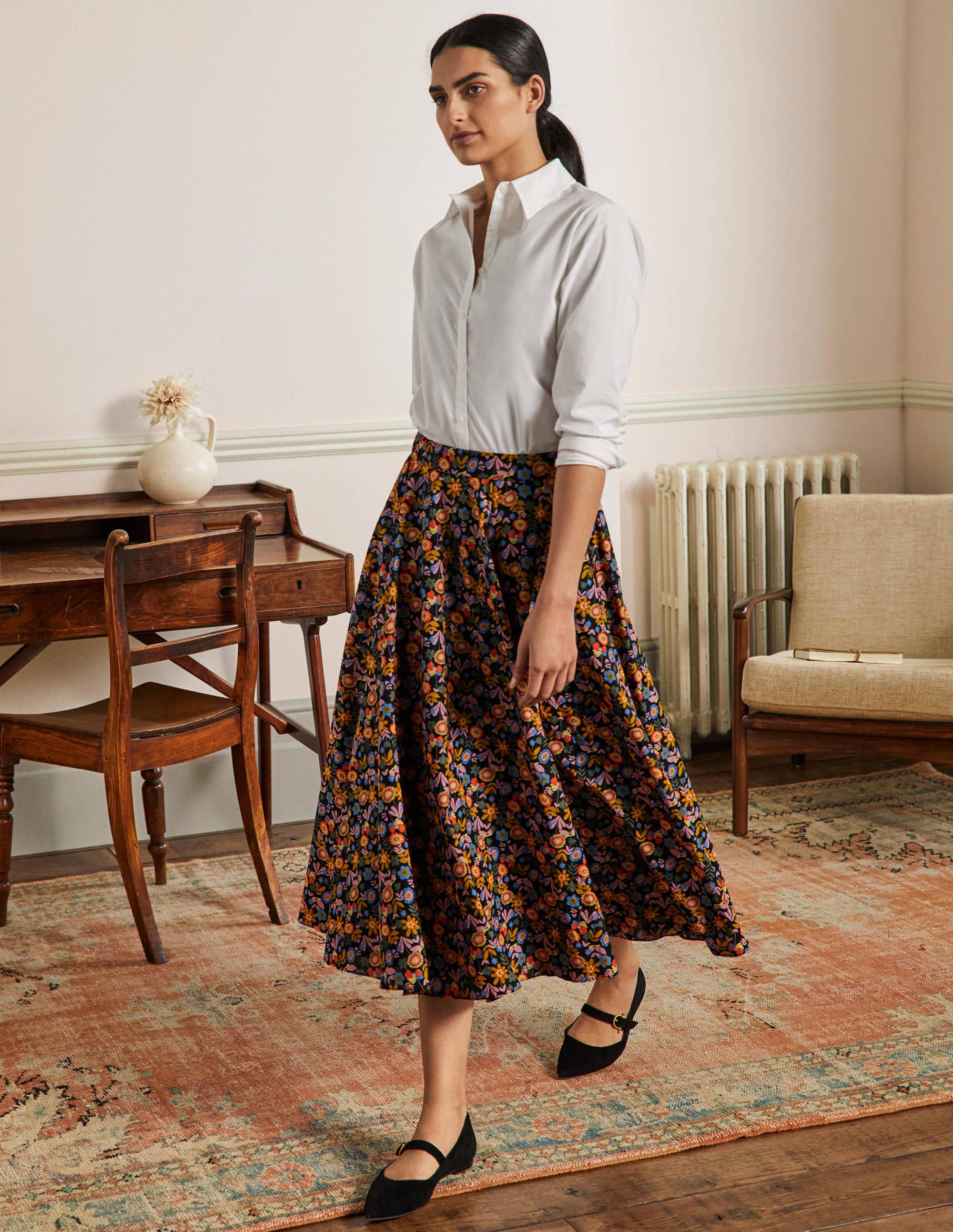 Full Cotton Midi Skirt-Black, Flora Bloom - Image 1