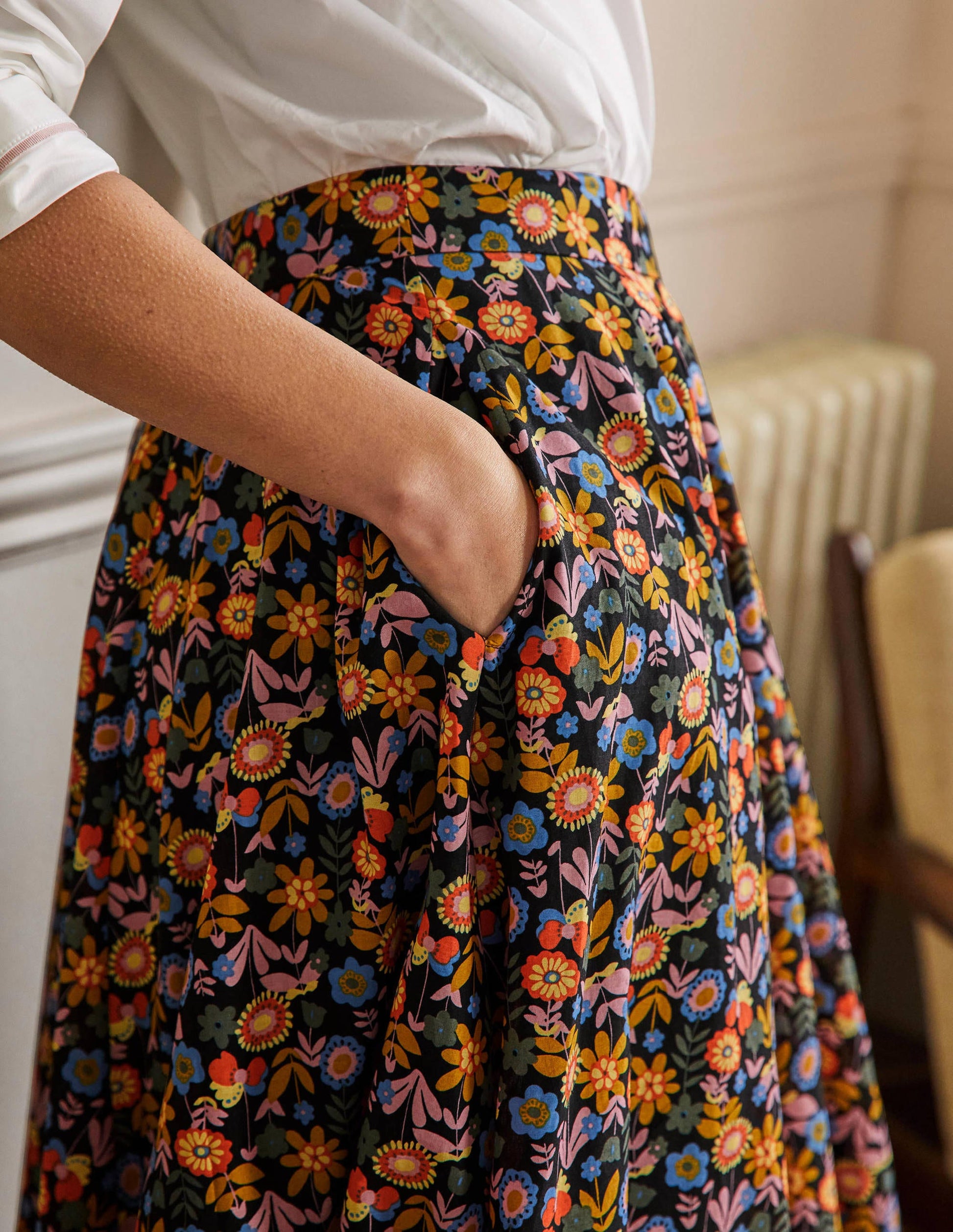 Full Cotton Midi Skirt-Black, Flora Bloom-2