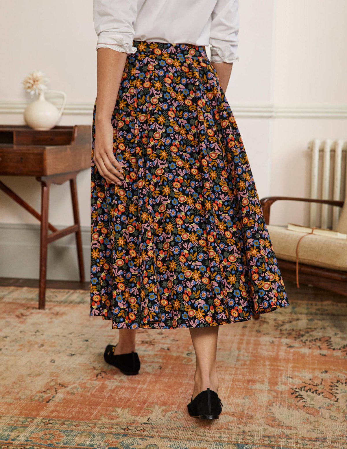 Full Cotton Midi Skirt-Black, Flora Bloom - Image 3
