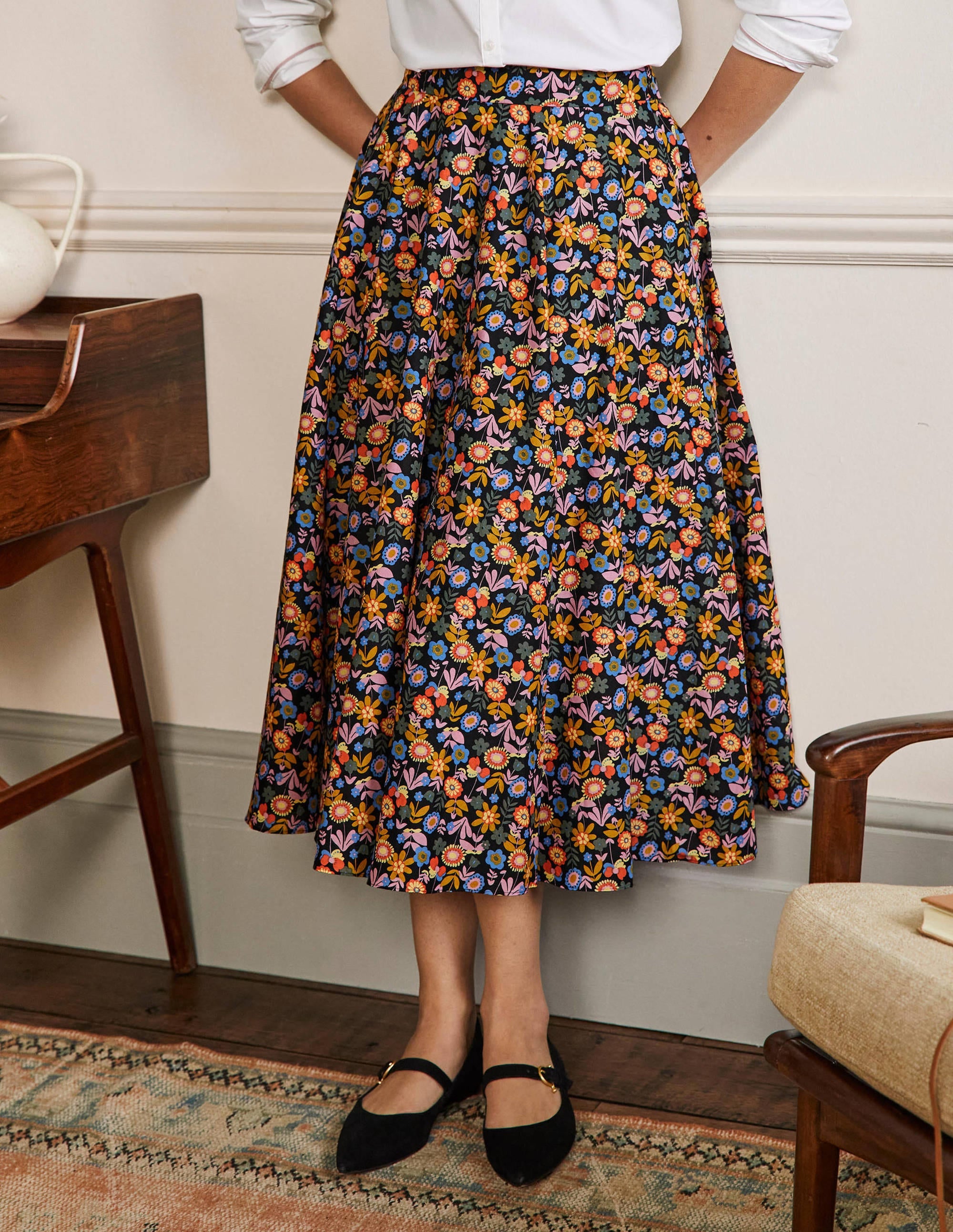 Full Cotton Midi Skirt-Black, Flora Bloom - Image 4