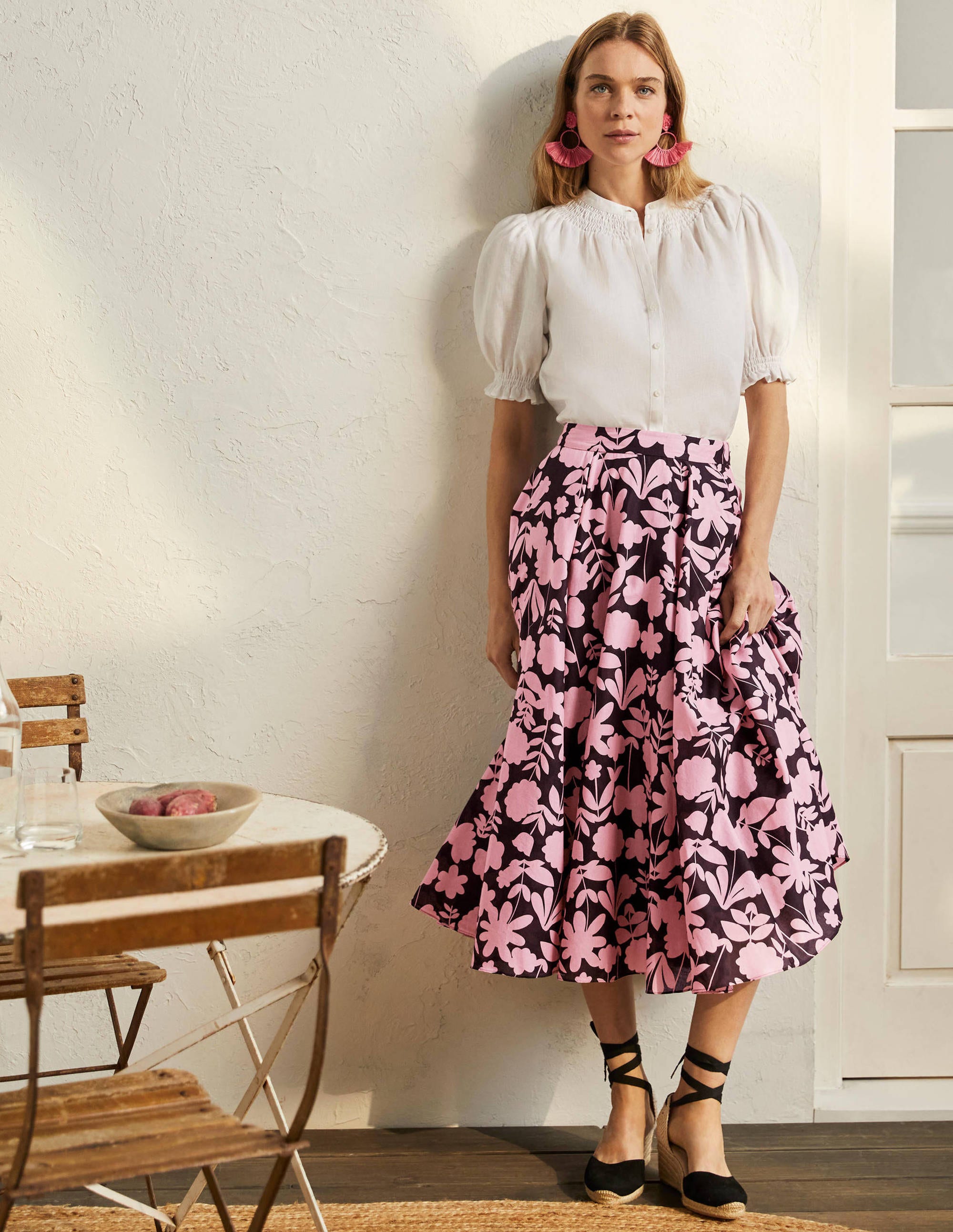 Full Cotton Midi Skirt-Formica Pink, Flora Bloom - Image 1