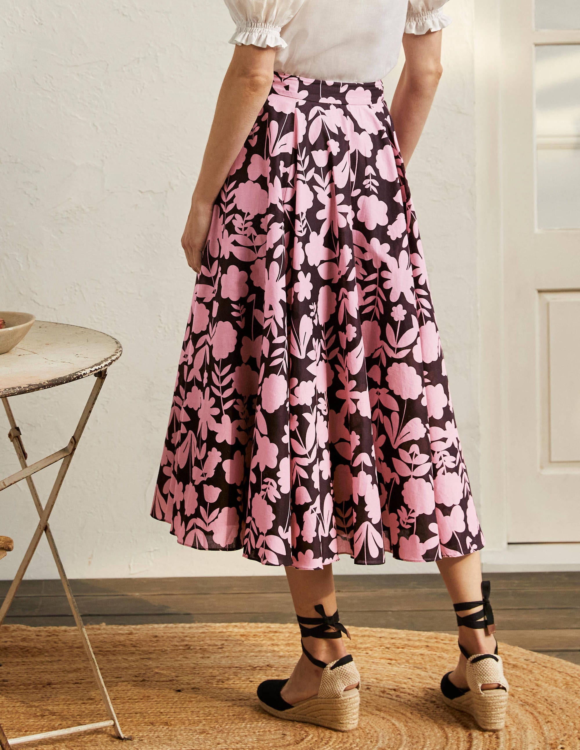 Full Cotton Midi Skirt-Formica Pink, Flora Bloom - Image 3