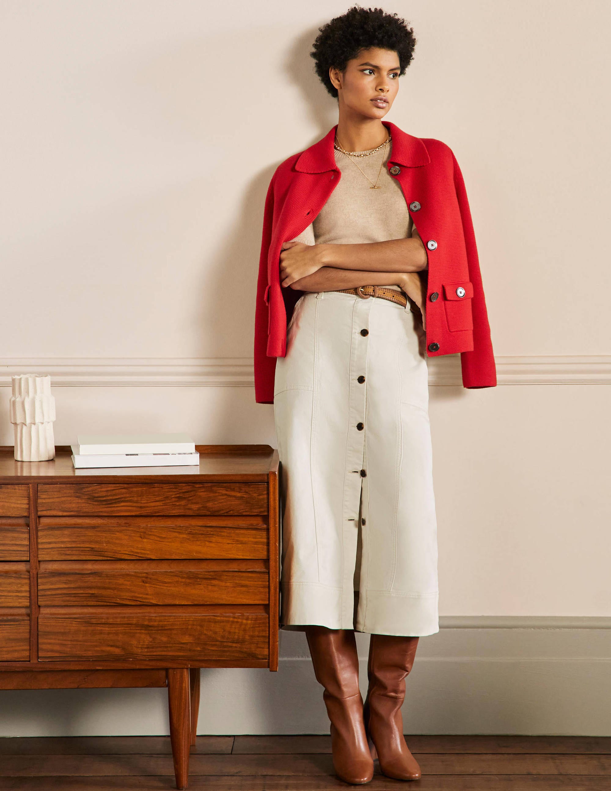 Topstitch Detail Midi Skirt-Ecru - Image 1