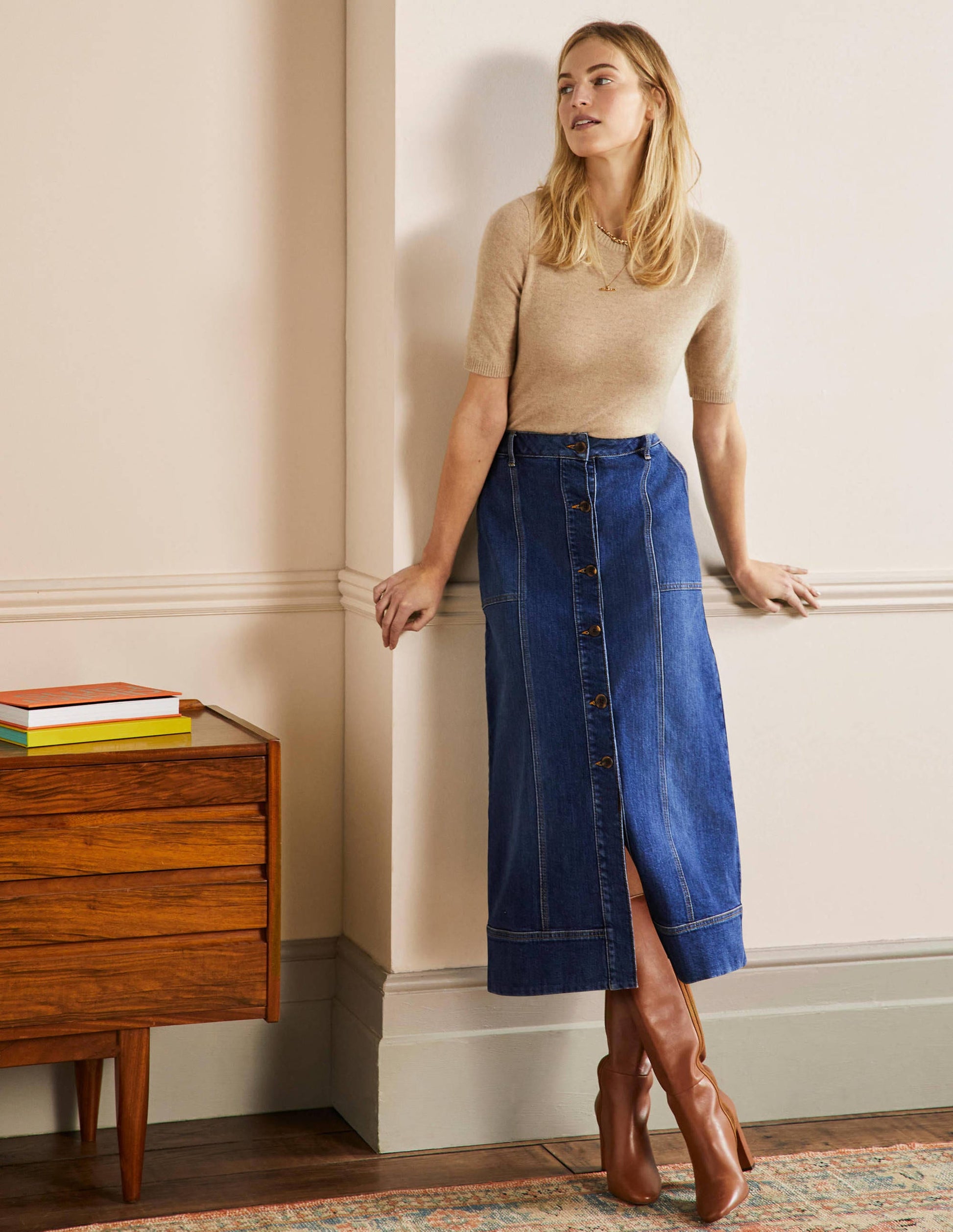 Topstitch Detail Midi Skirt-Mid Vintage-5