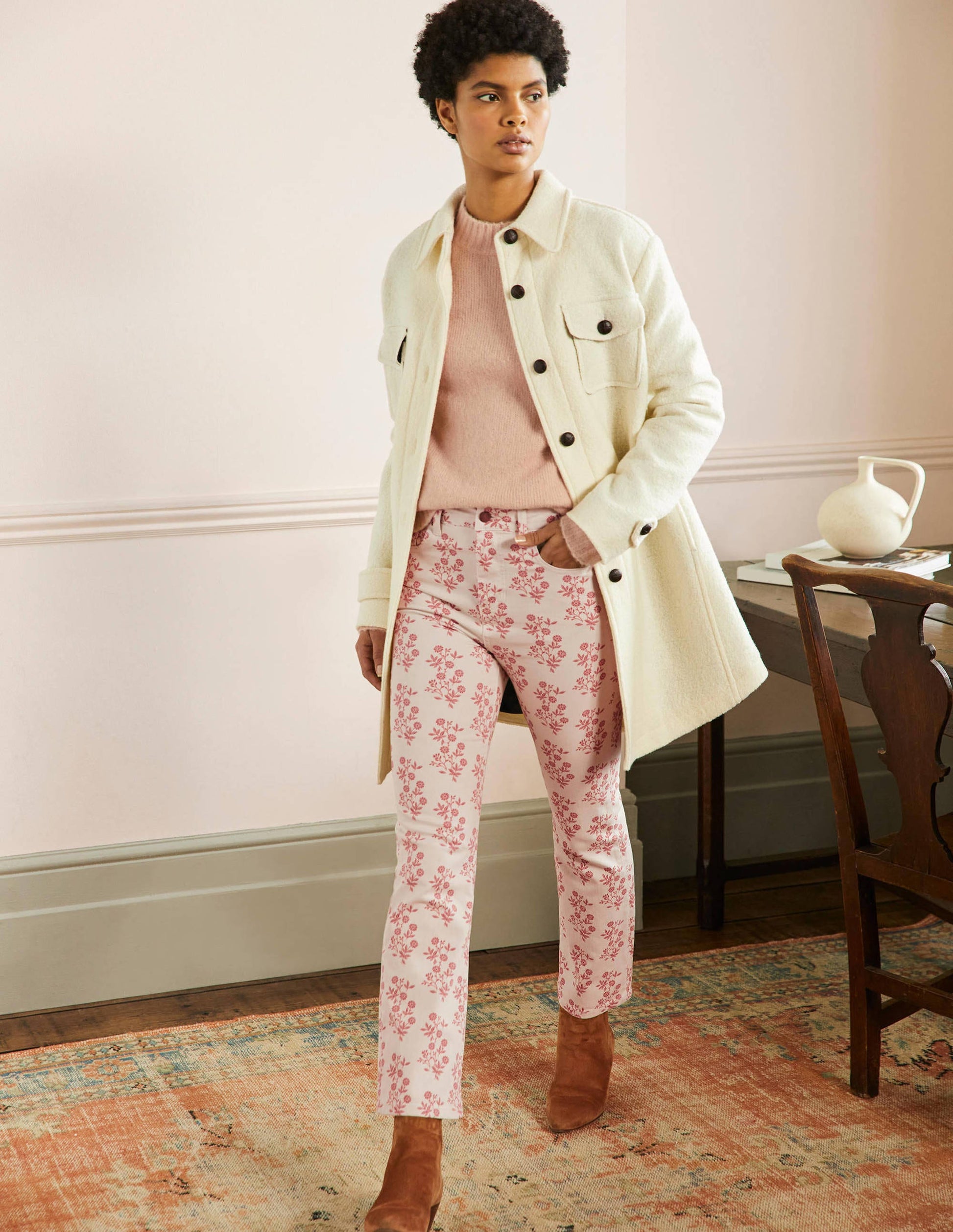 Cropped Flare Jeans-Ivory, Dusty Red Leafy Cluster-1