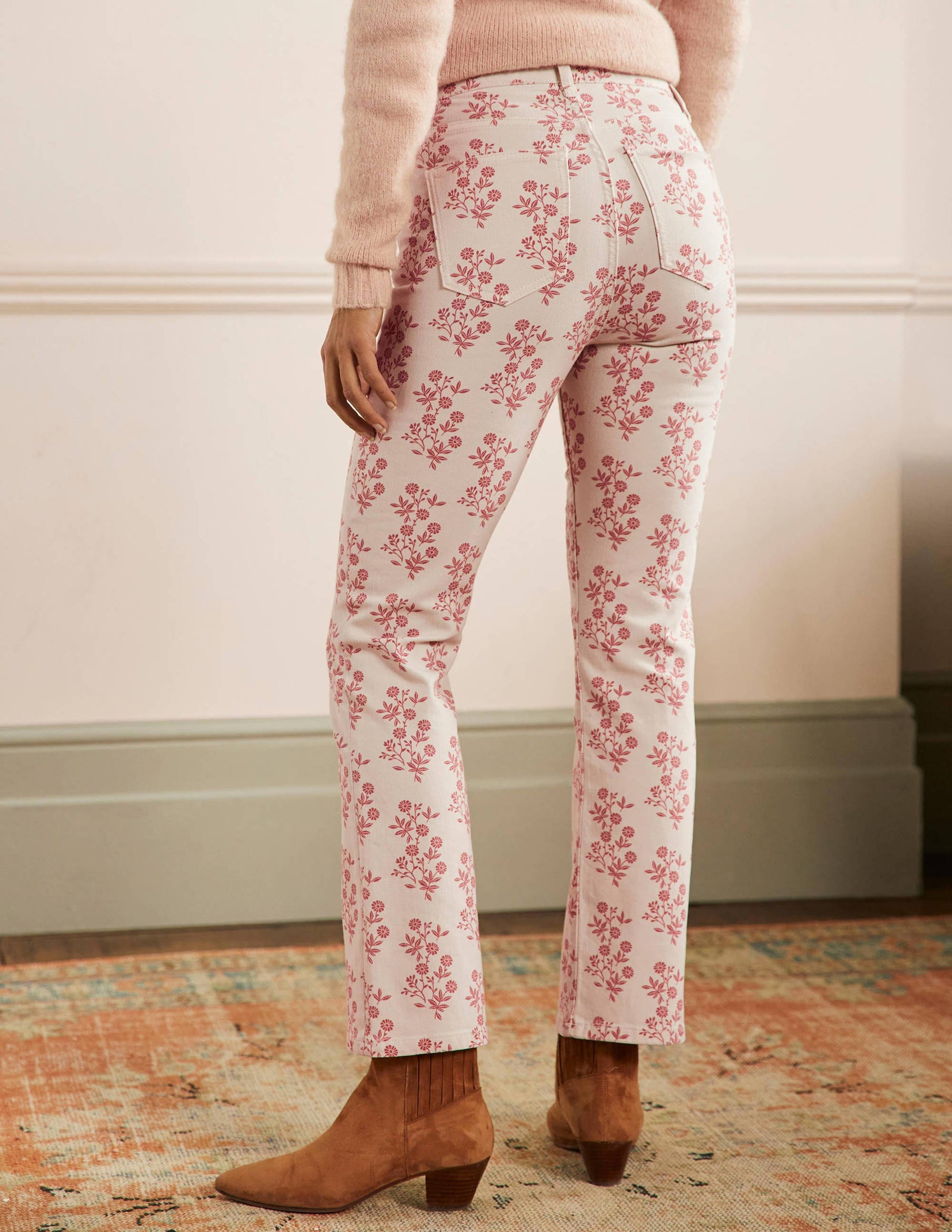 Cropped Flare Jeans-Ivory, Dusty Red Leafy Cluster-3