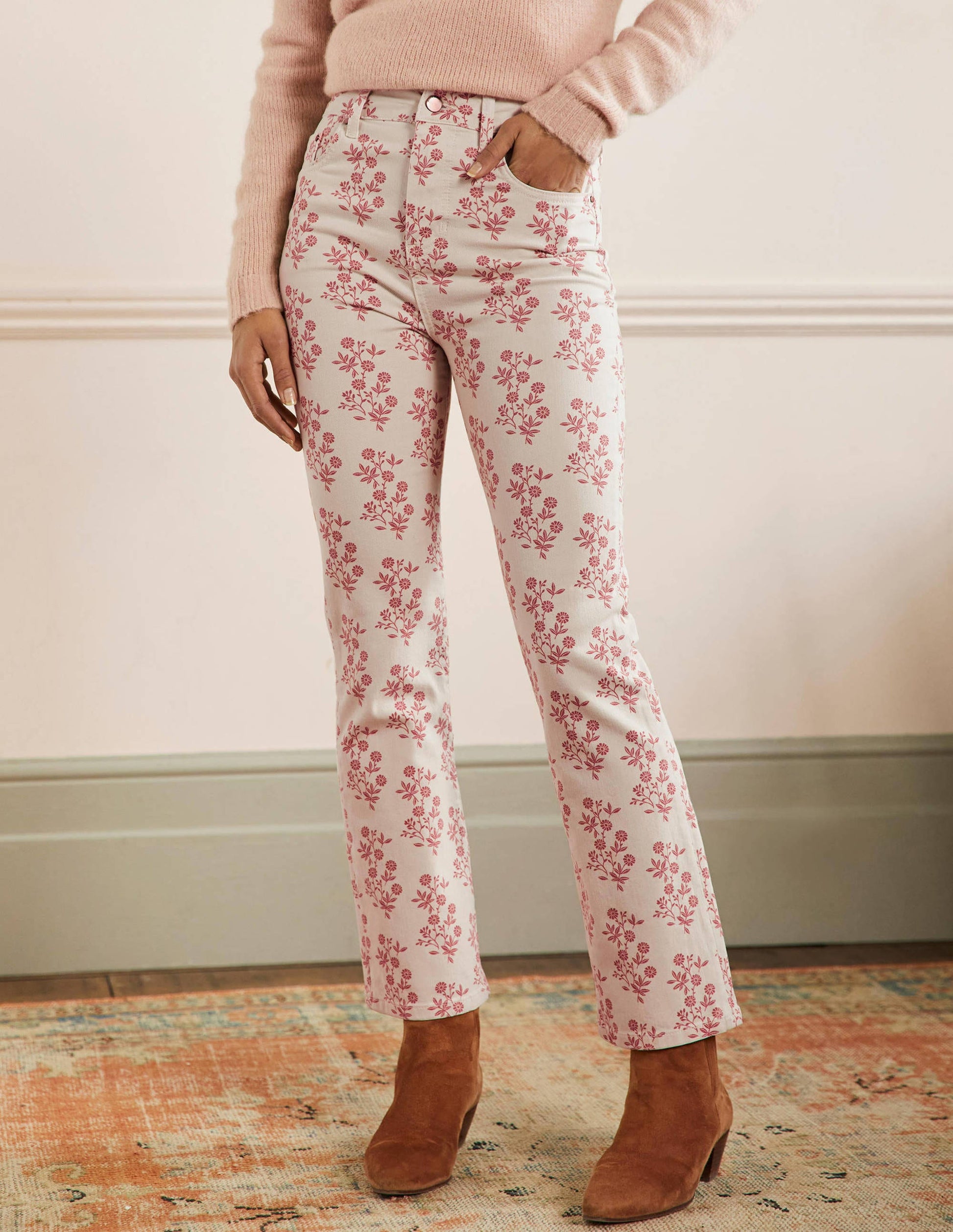 Cropped Flare Jeans-Ivory, Dusty Red Leafy Cluster-4