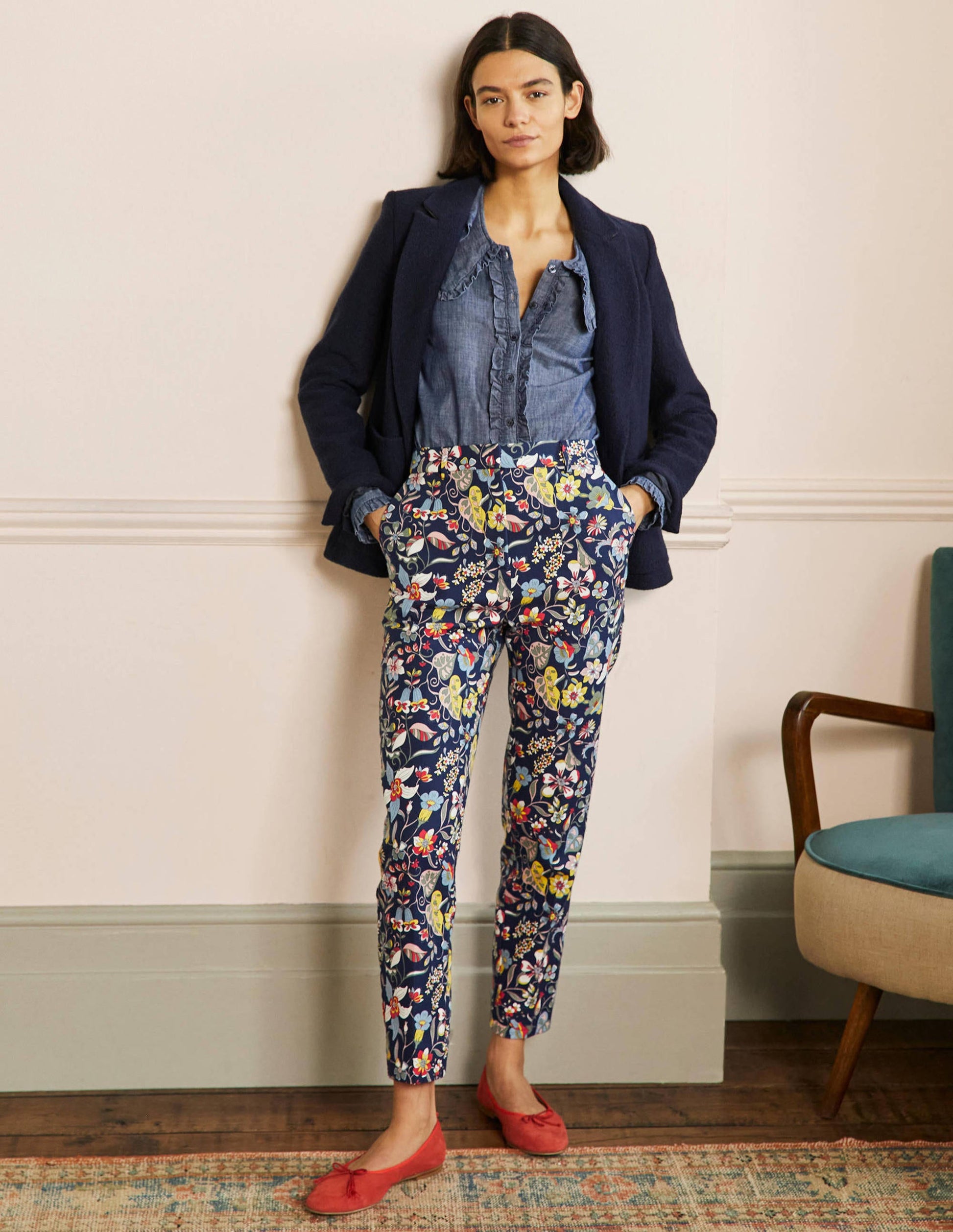 Carrie Printed Trousers-French Navy, Tropic Florals-1