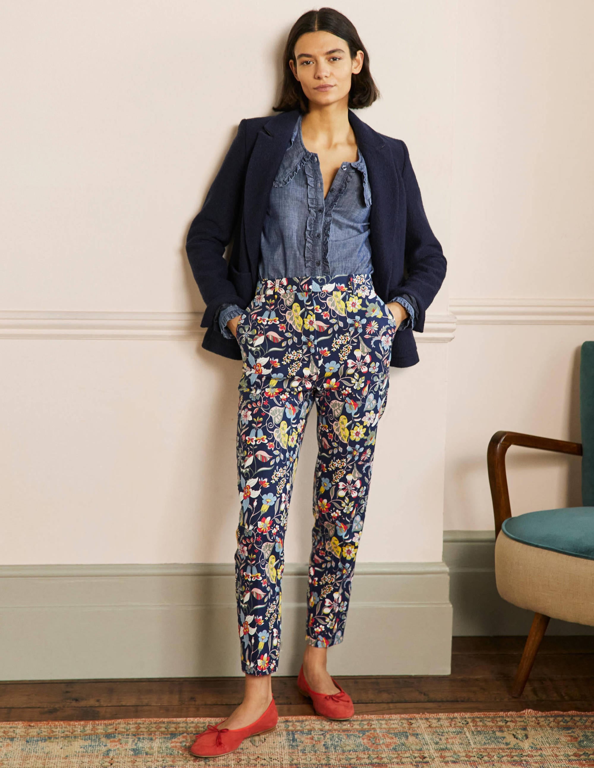 Carrie Printed Trousers-French Navy, Tropic Florals - Image 1