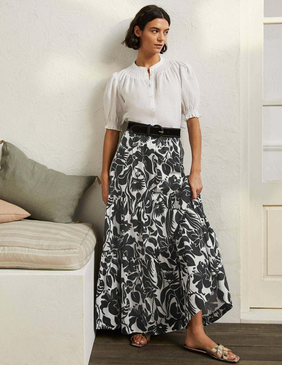 Lorna Tiered Maxi Skirt-Black, Oriental Bird - Image 1