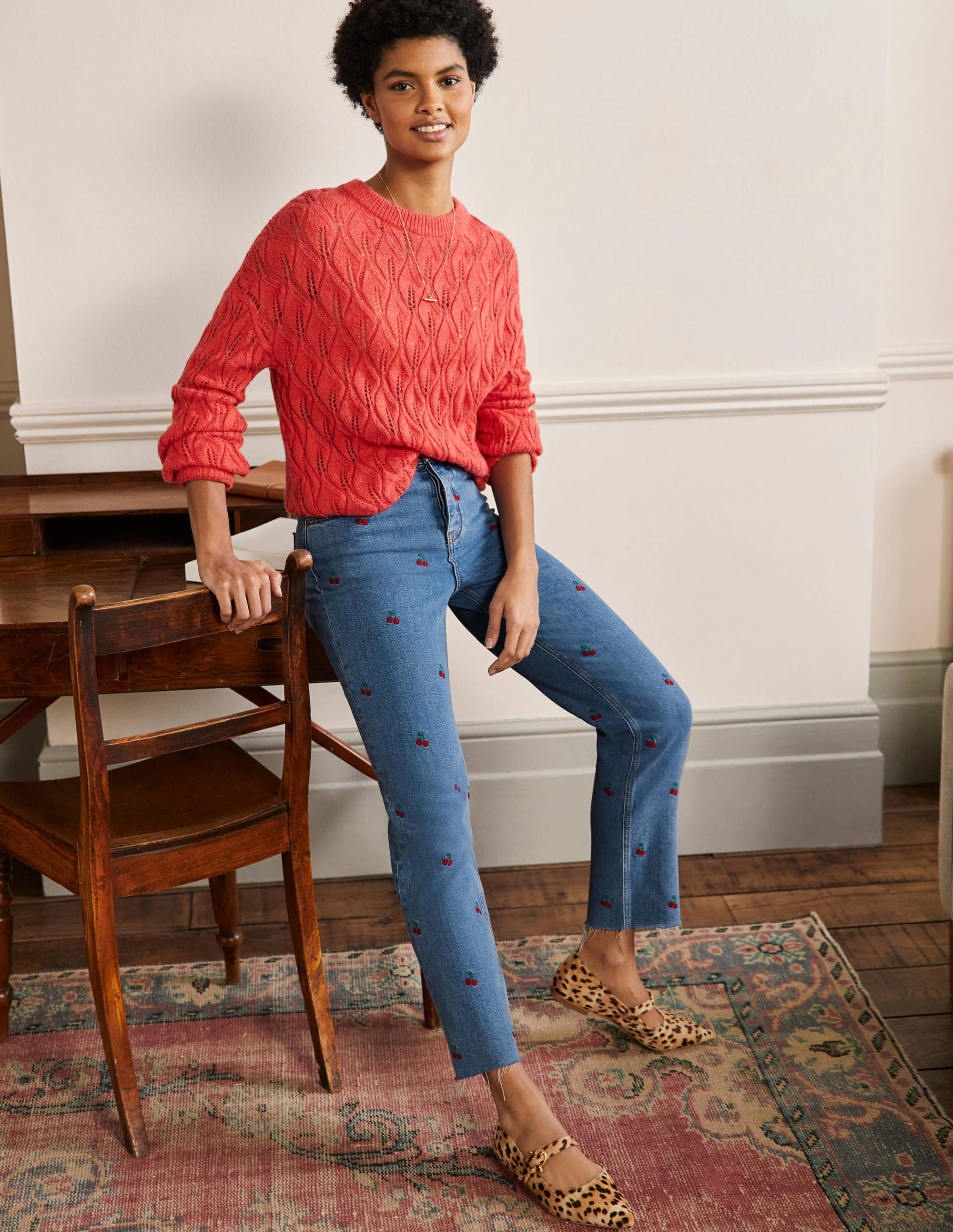 Relaxed Straight Jeans-Cherry Embroidered - Image 1